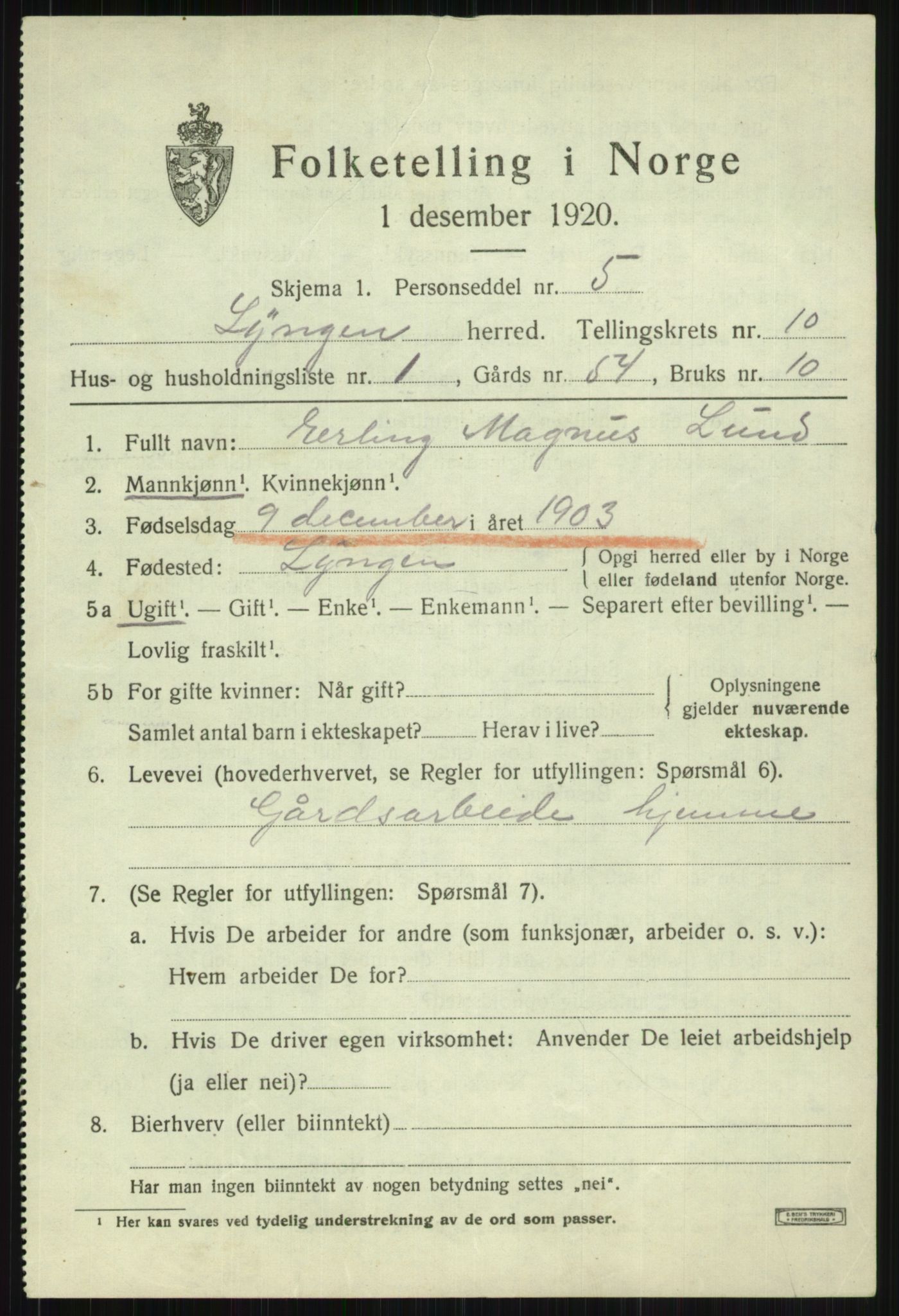 SATØ, 1920 census for Lyngen, 1920, p. 8105