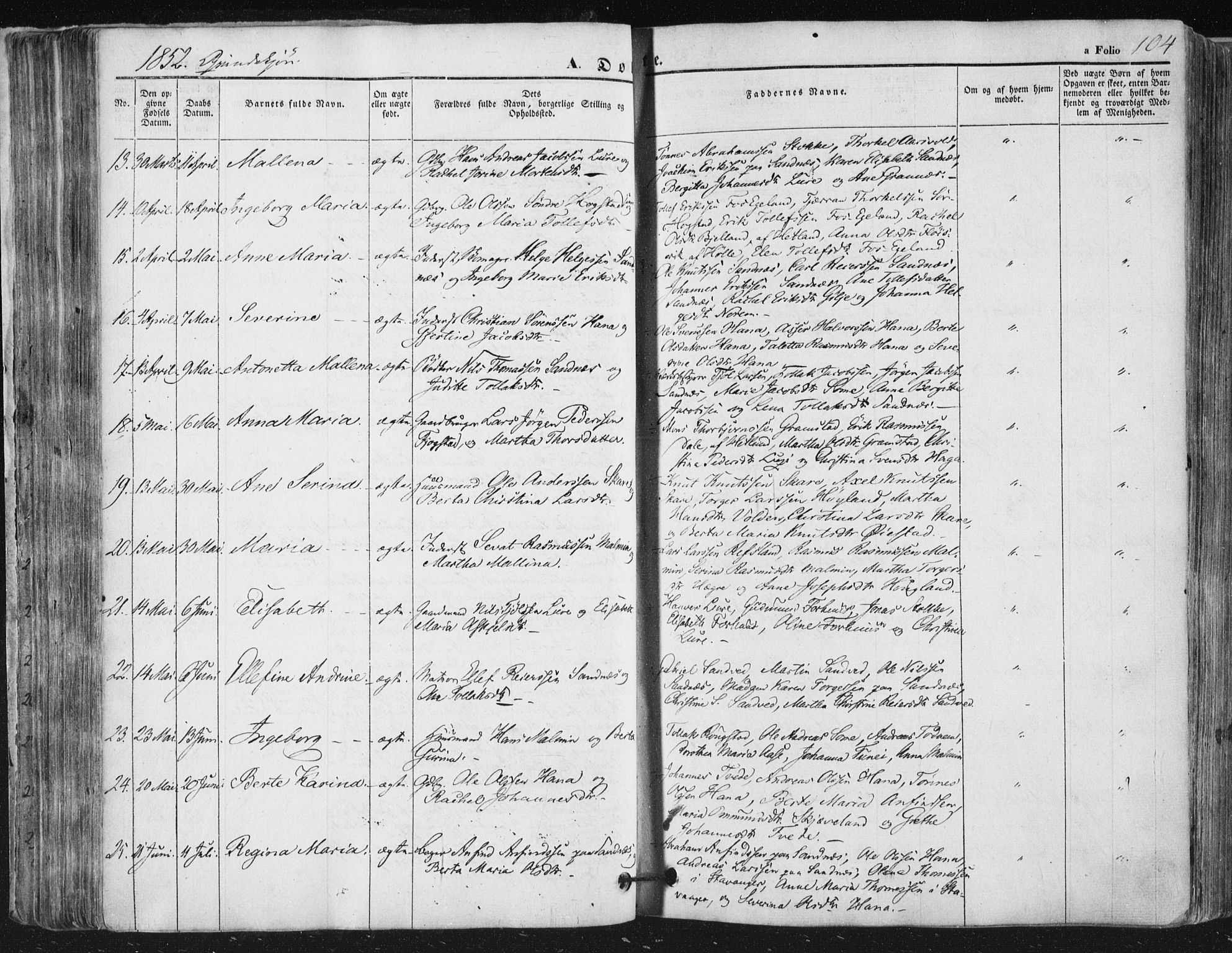 Høyland sokneprestkontor, AV/SAST-A-101799/001/30BA/L0008: Parish register (official) no. A 8, 1841-1856, p. 104