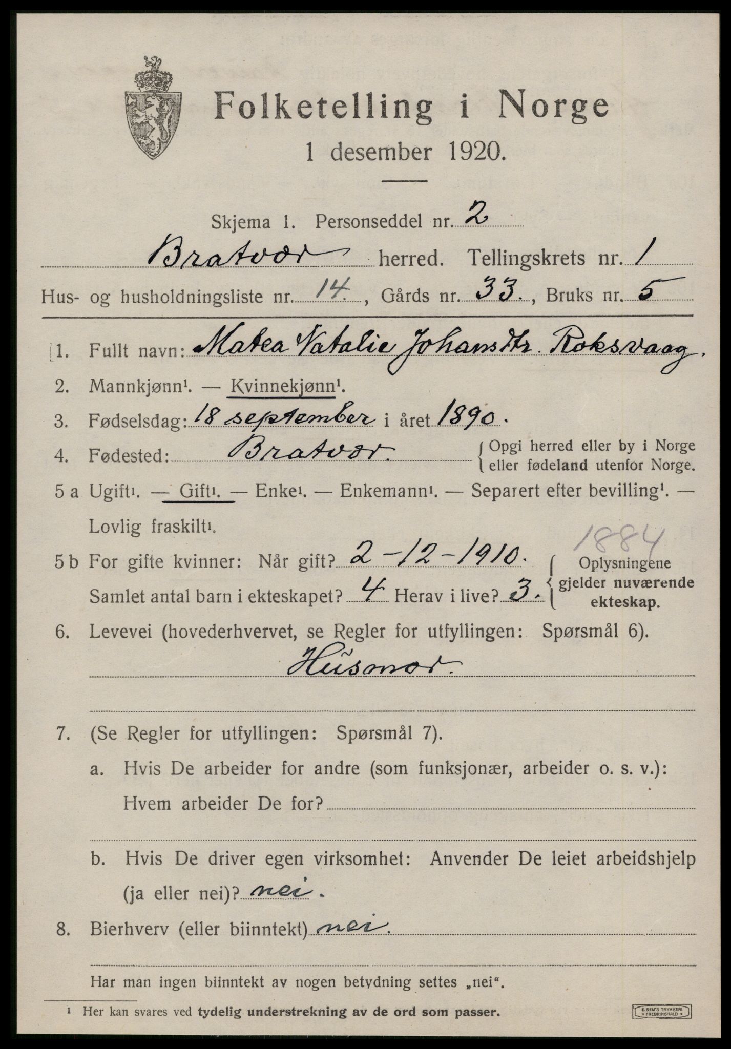 SAT, 1920 census for Brattvær, 1920, p. 776