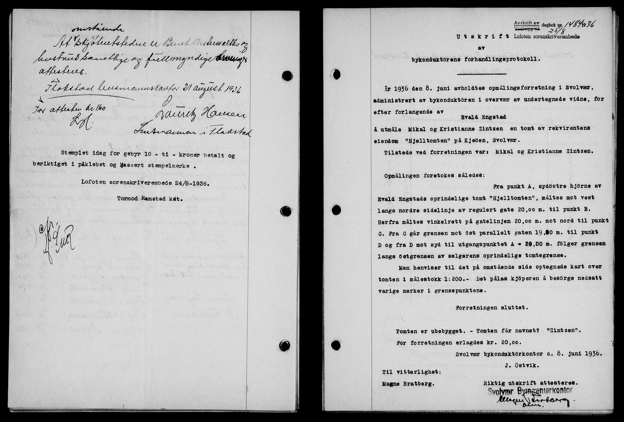 Lofoten sorenskriveri, SAT/A-0017/1/2/2C/L0001a: Mortgage book no. 1a, 1936-1937, Diary no: : 1484/1936