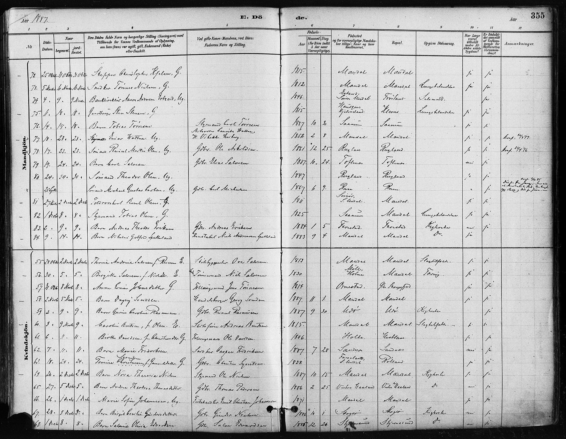 Mandal sokneprestkontor, AV/SAK-1111-0030/F/Fa/Faa/L0016: Parish register (official) no. A 16, 1880-1890, p. 355