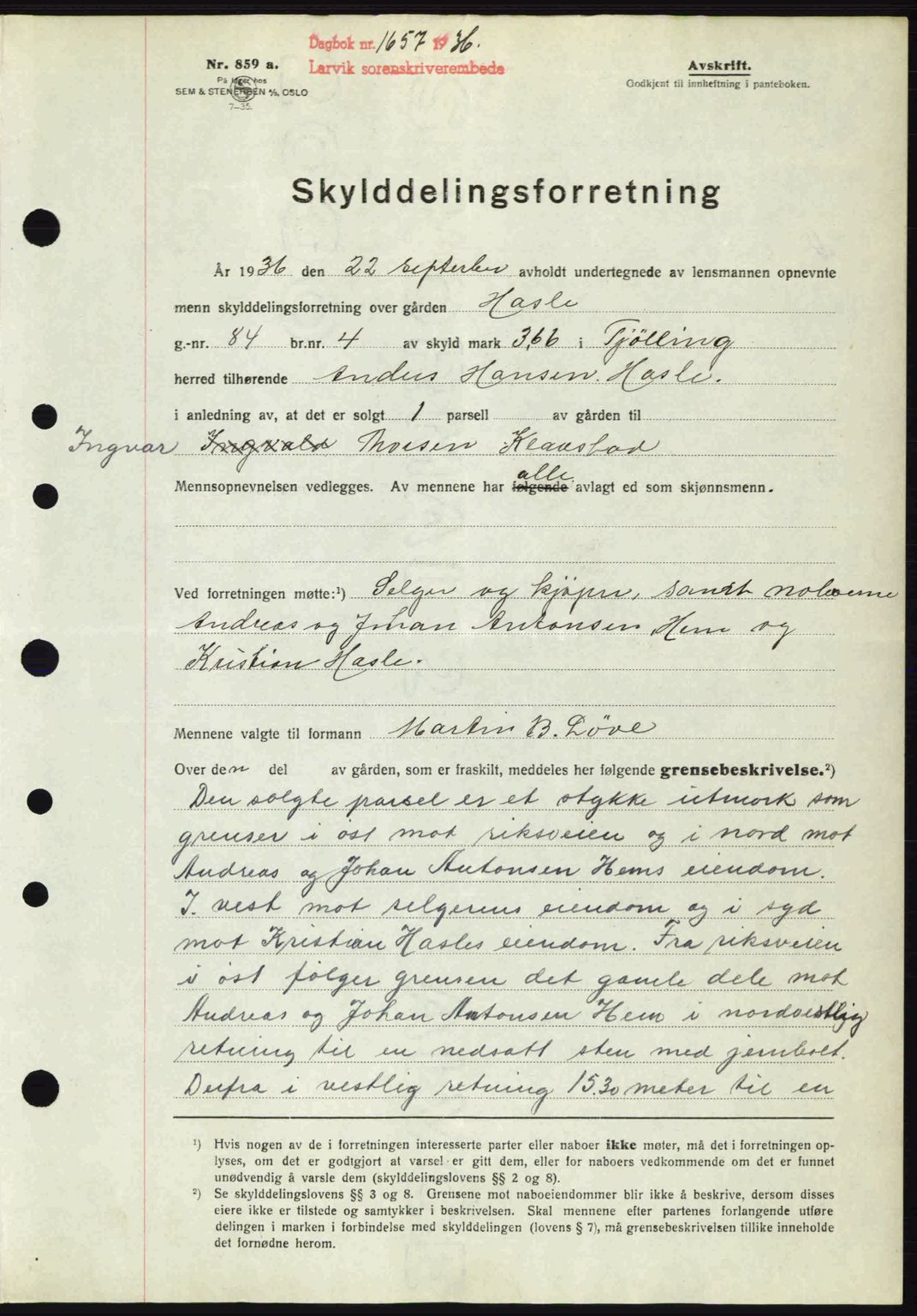Larvik sorenskriveri, SAKO/A-83/G/Ga/Gab/L0067: Mortgage book no. A-1, 1936-1937, Diary no: : 1657/1936