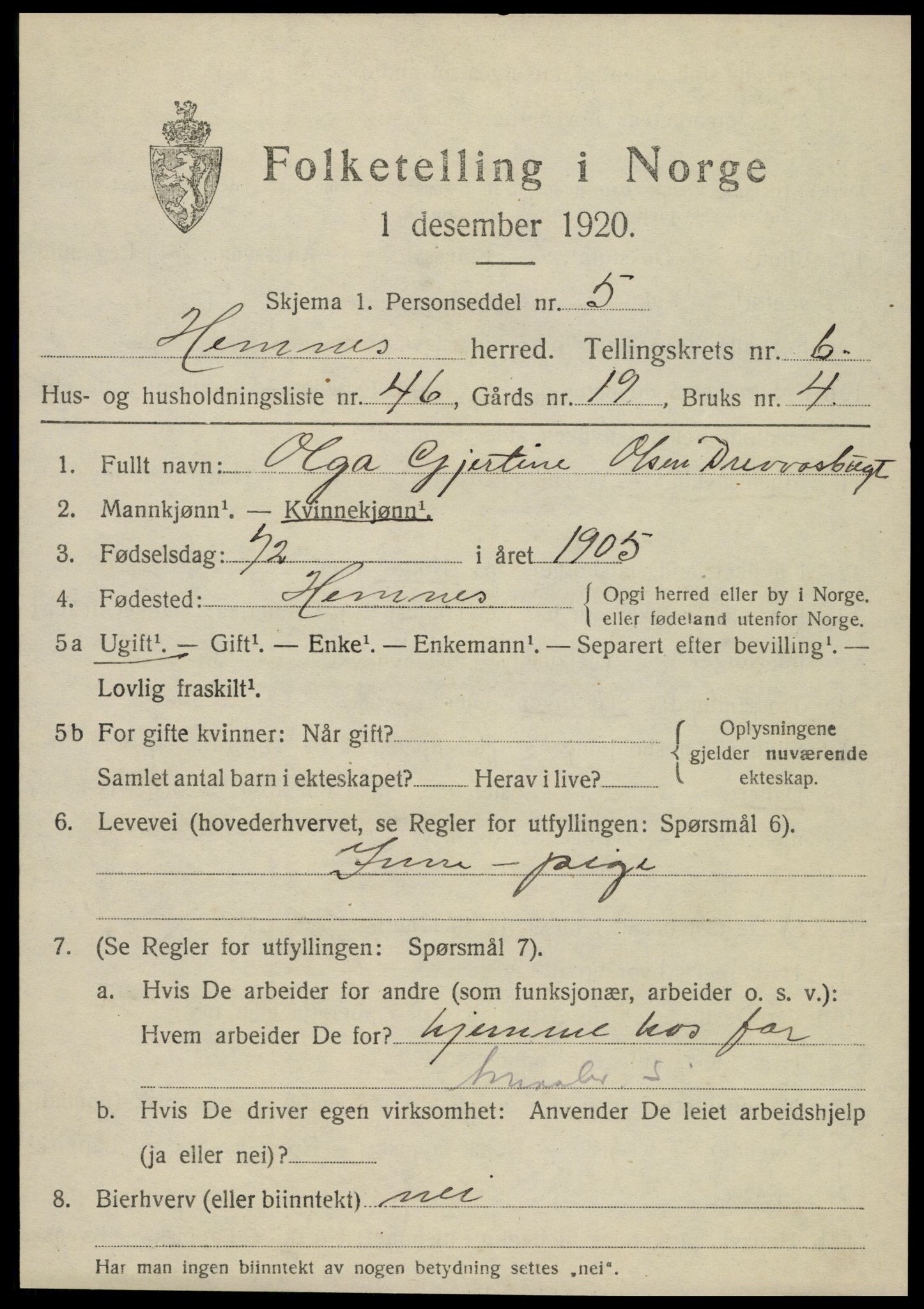 SAT, 1920 census for Hemnes, 1920, p. 6918