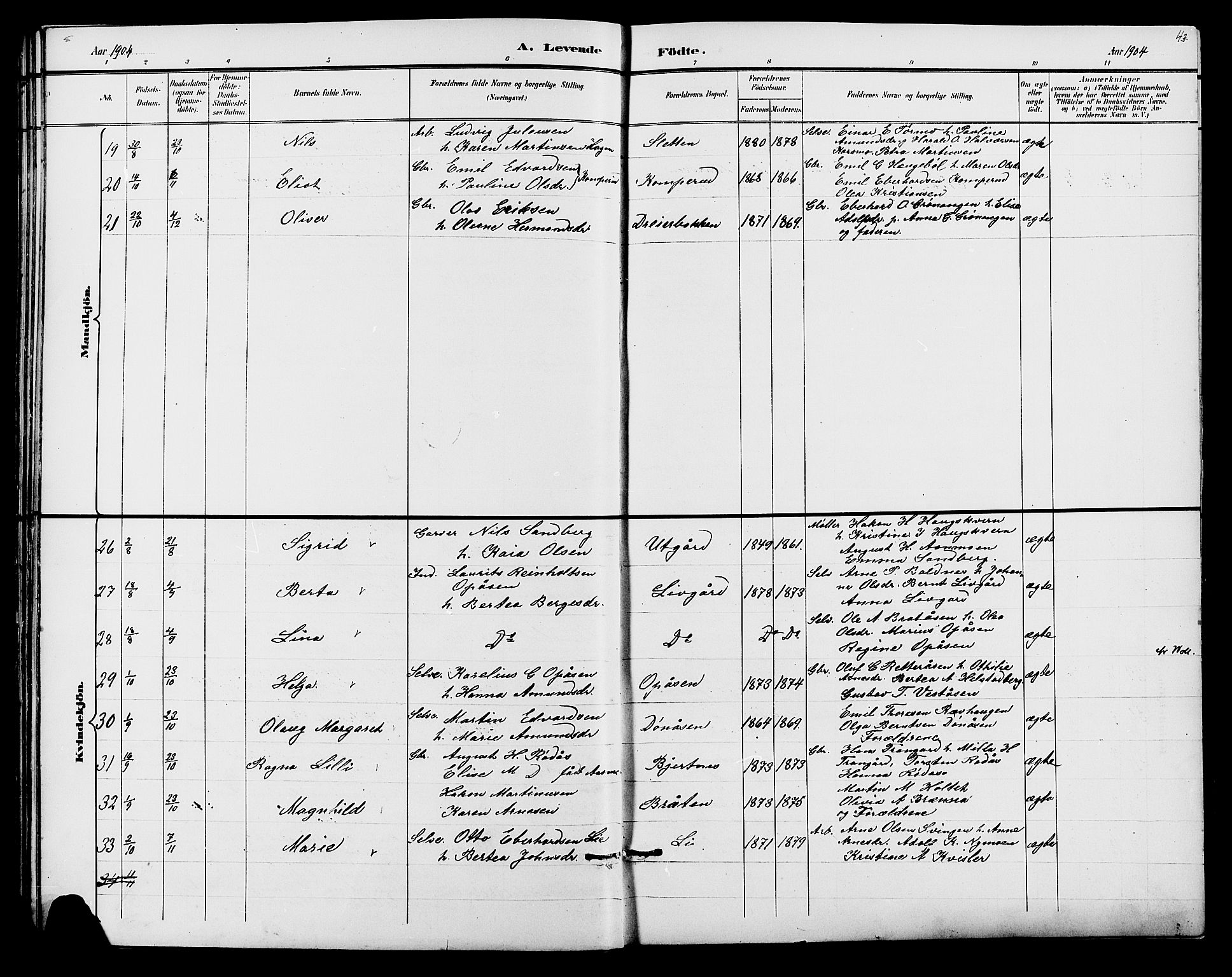 Hof prestekontor, SAH/PREST-038/H/Ha/Hab/L0001: Parish register (copy) no. 1, 1895-1914, p. 43