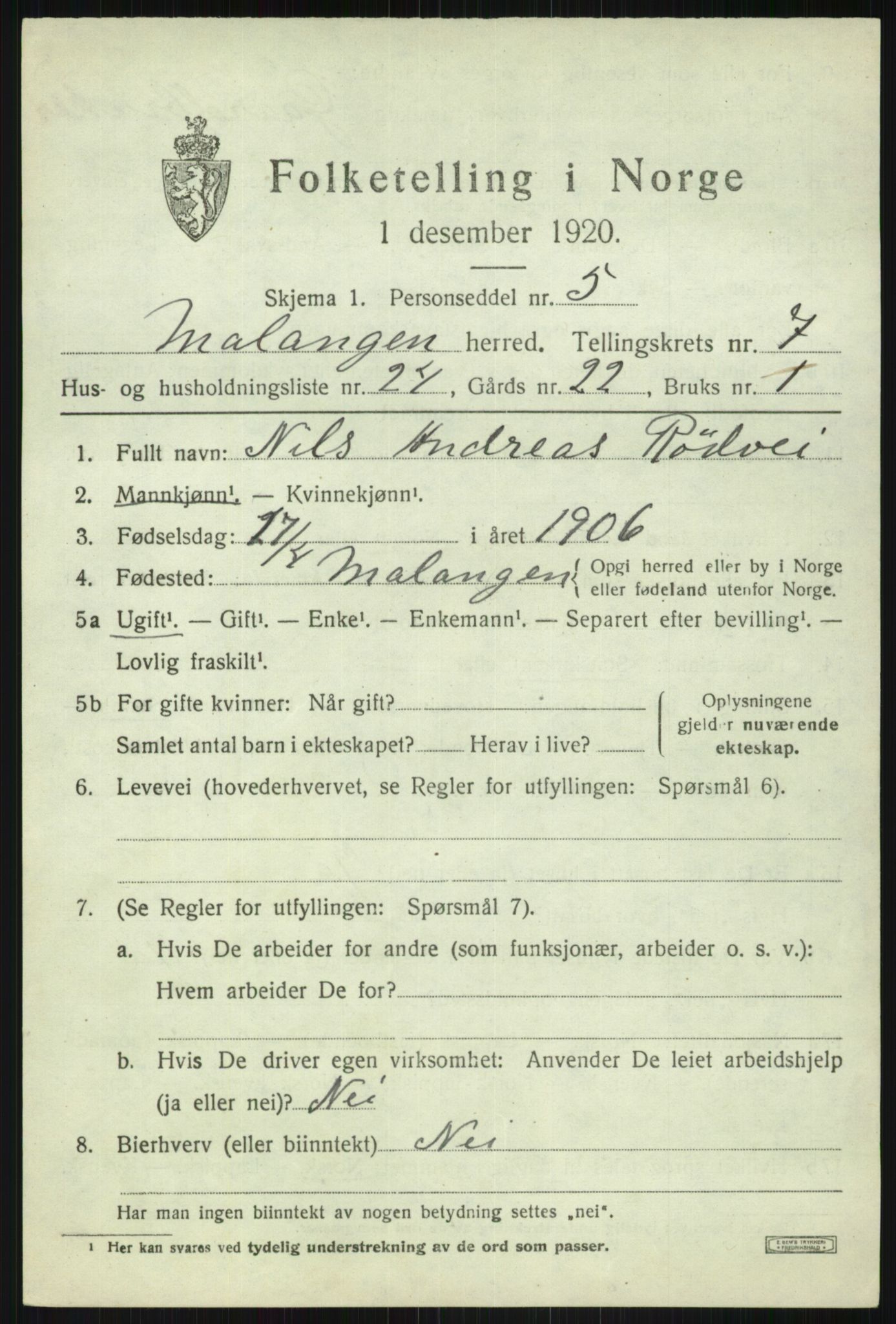 SATØ, 1920 census for Malangen, 1920, p. 3119