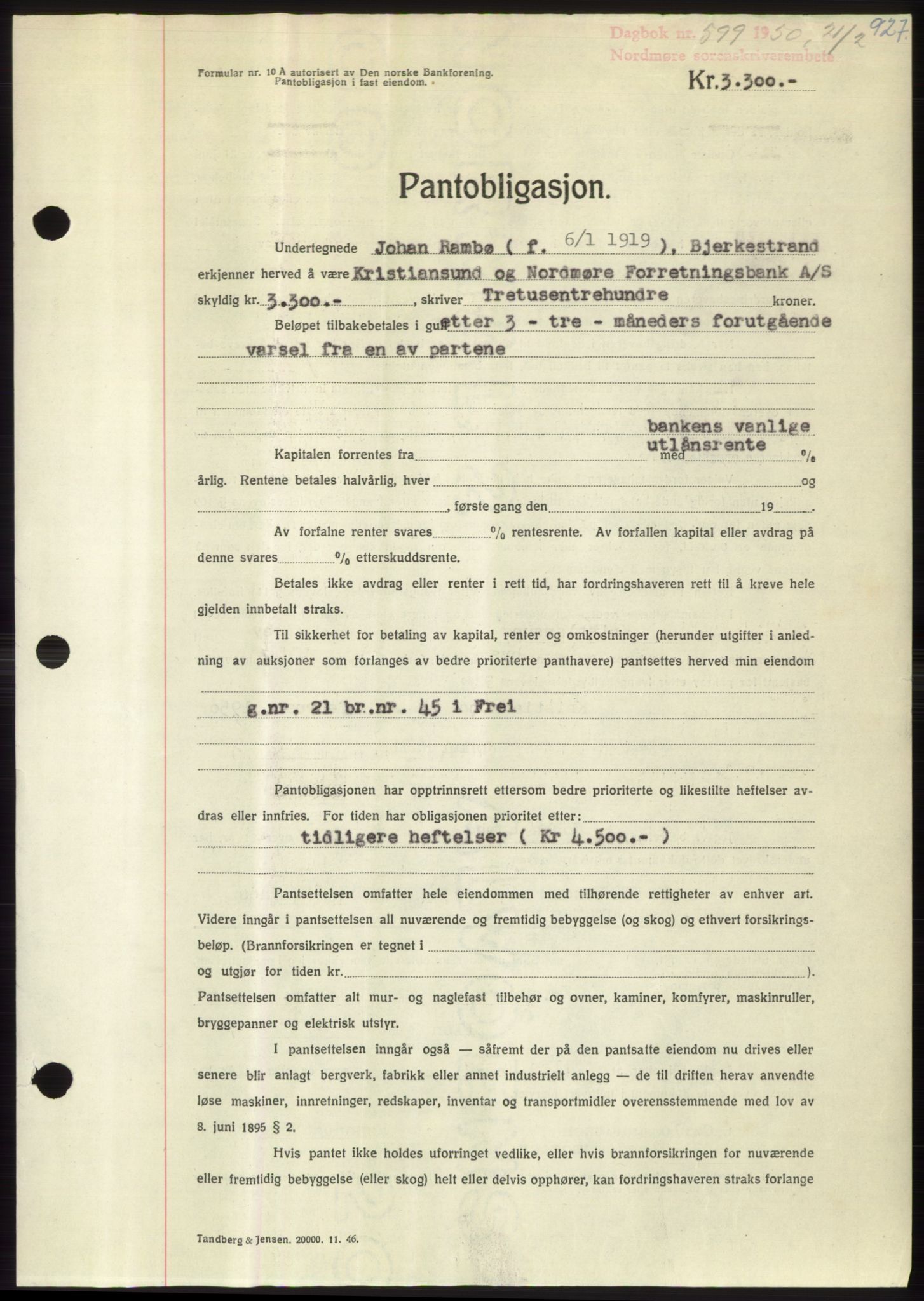 Nordmøre sorenskriveri, AV/SAT-A-4132/1/2/2Ca: Mortgage book no. B103, 1949-1950, Diary no: : 599/1950