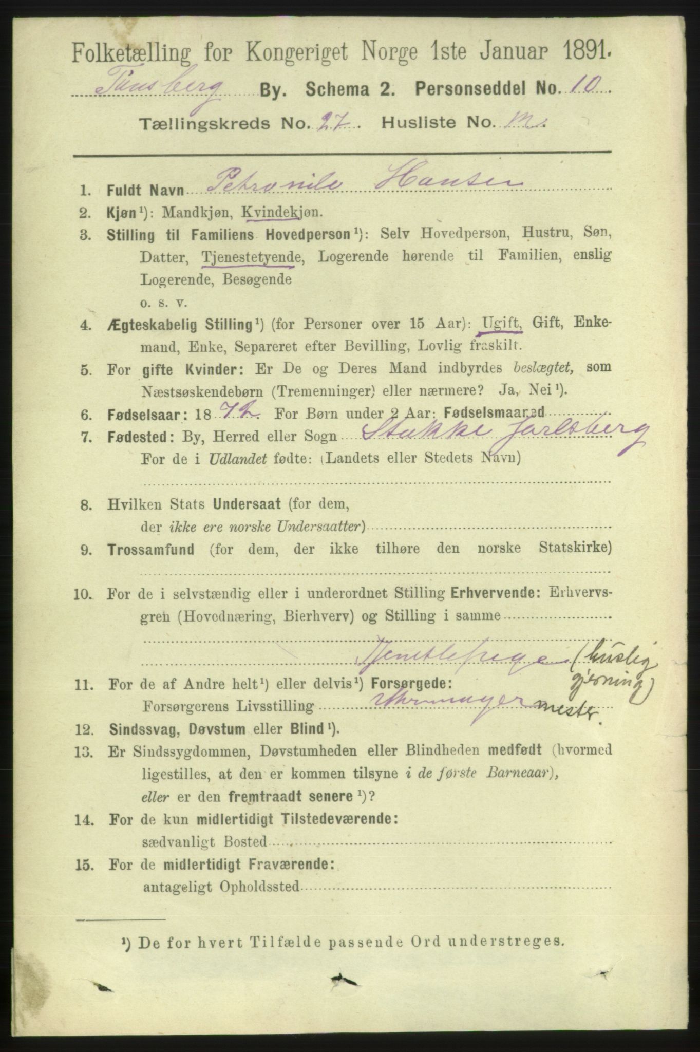 RA, 1891 census for 0705 Tønsberg, 1891, p. 6911