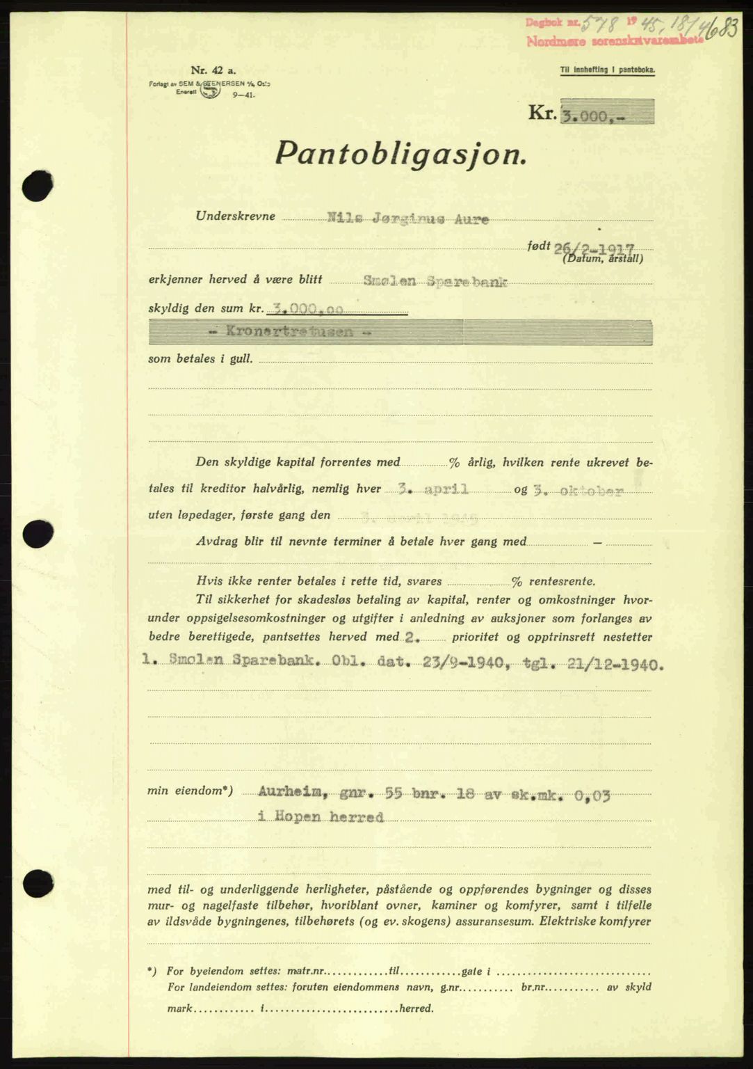 Nordmøre sorenskriveri, AV/SAT-A-4132/1/2/2Ca: Mortgage book no. B92, 1944-1945, Diary no: : 578/1945