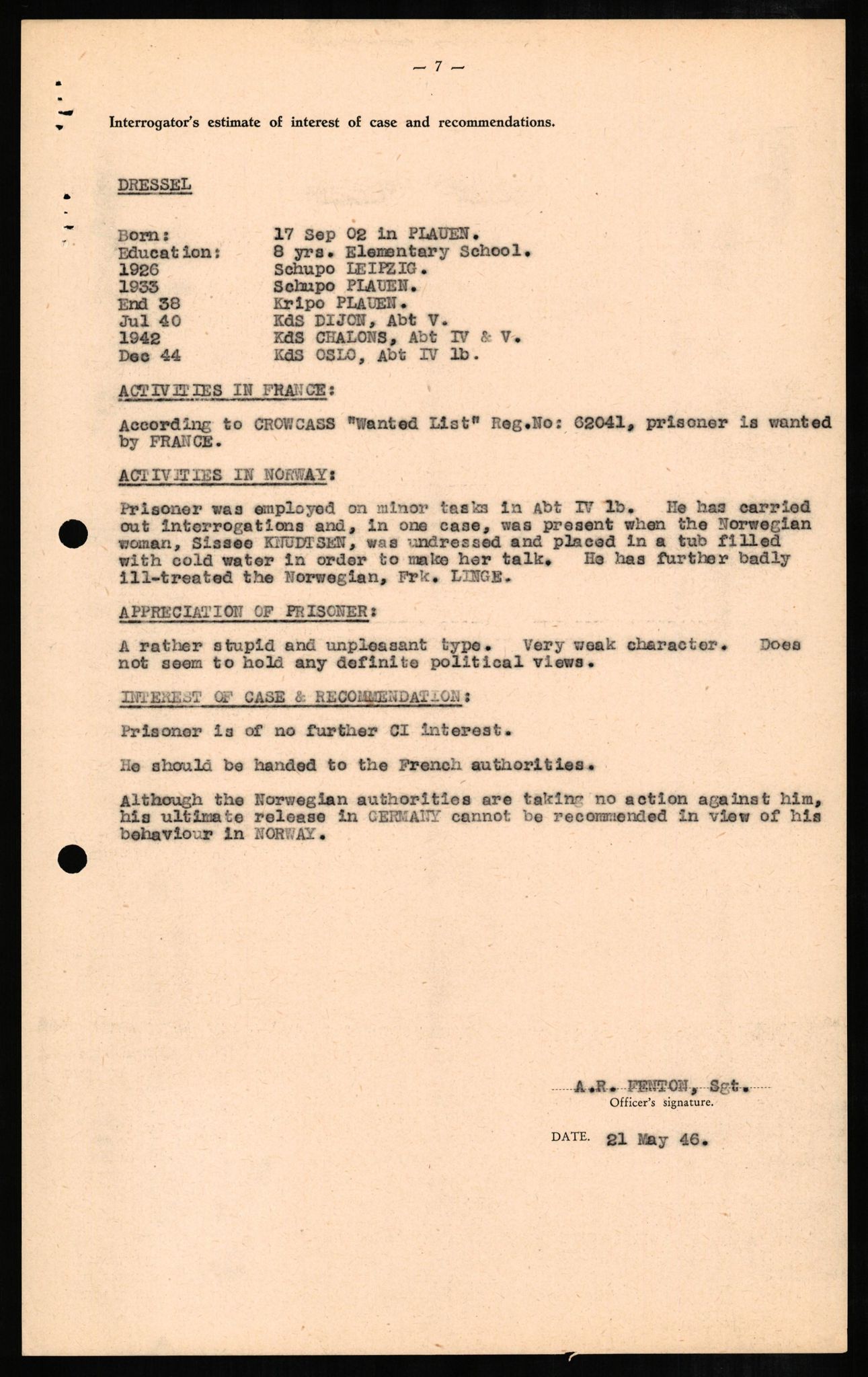 Forsvaret, Forsvarets overkommando II, RA/RAFA-3915/D/Db/L0006: CI Questionaires. Tyske okkupasjonsstyrker i Norge. Tyskere., 1945-1946, p. 228