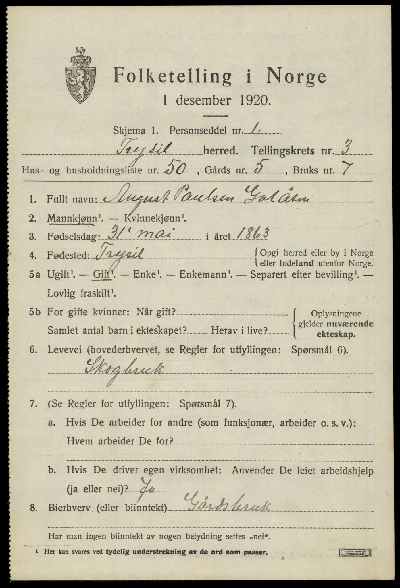 SAH, 1920 census for Trysil, 1920, p. 4065