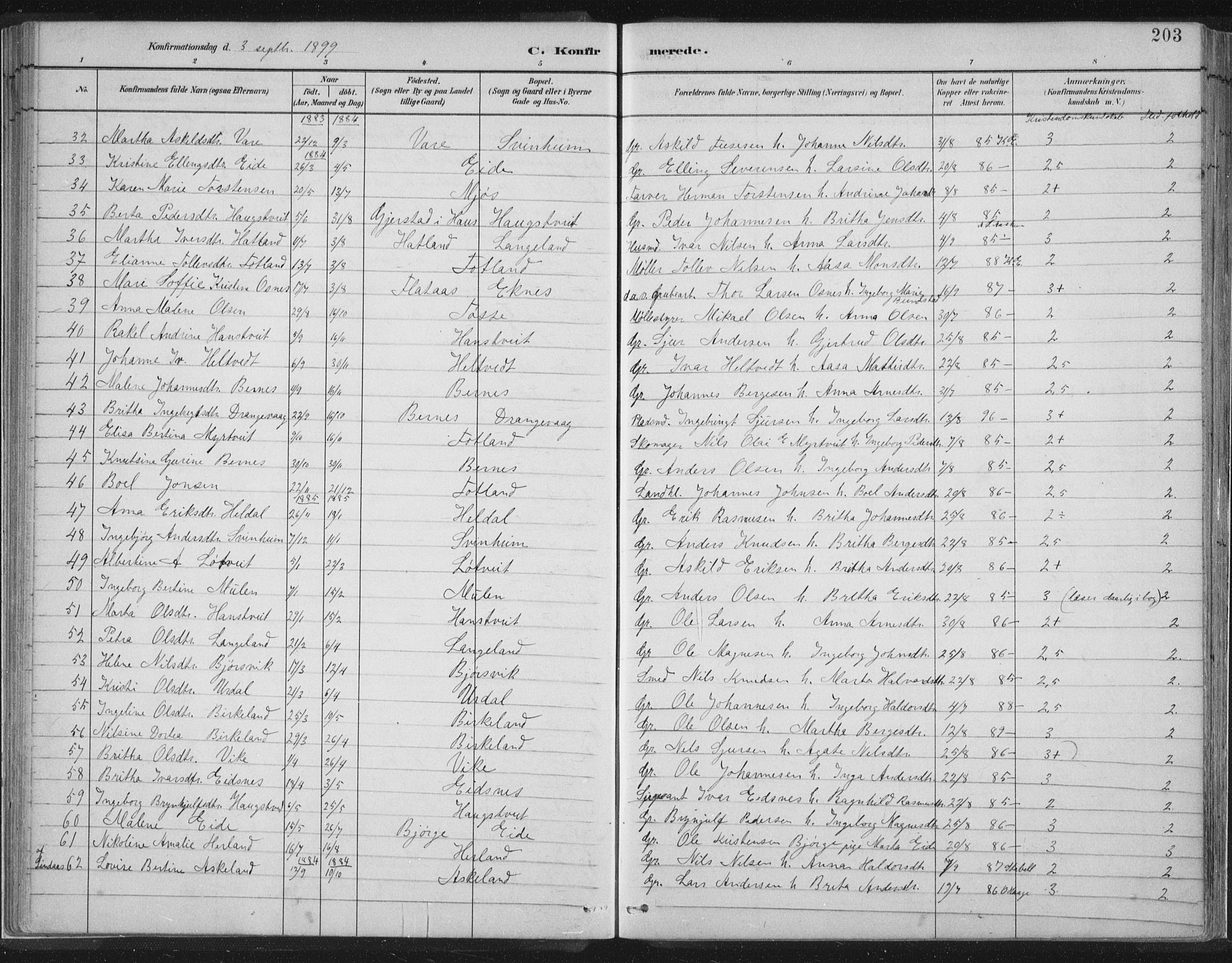 Hosanger sokneprestembete, SAB/A-75801/H/Hab: Parish register (copy) no. A 3 II, 1882-1903, p. 203