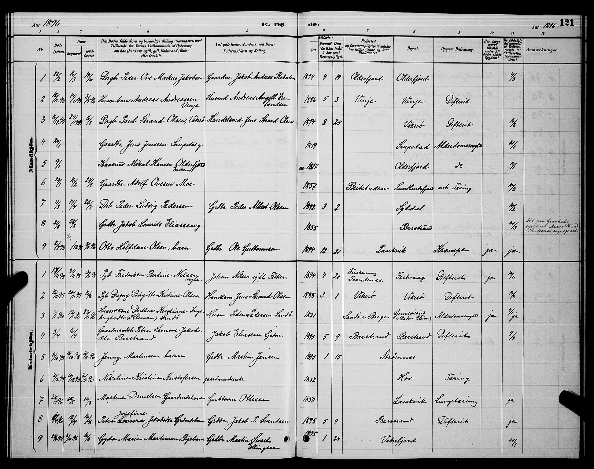 Ministerialprotokoller, klokkerbøker og fødselsregistre - Nordland, AV/SAT-A-1459/876/L1104: Parish register (copy) no. 876C03, 1886-1896, p. 121