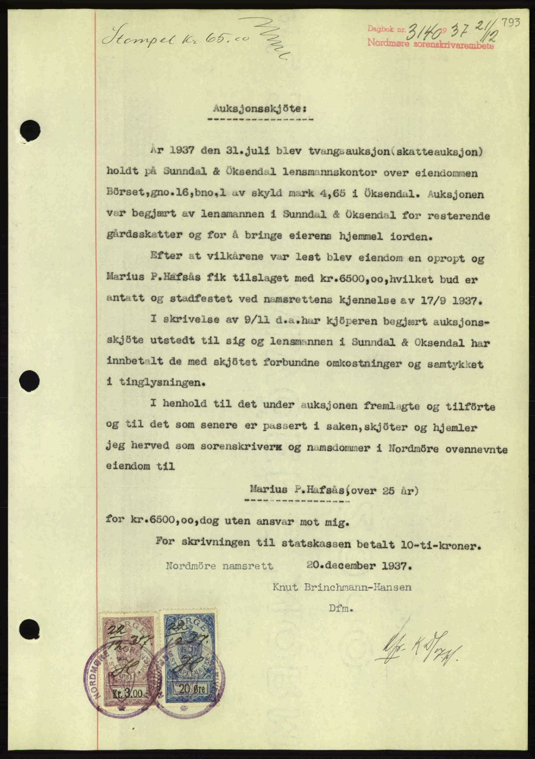 Nordmøre sorenskriveri, SAT/A-4132/1/2/2Ca: Mortgage book no. A82, 1937-1938, Diary no: : 3140/1937