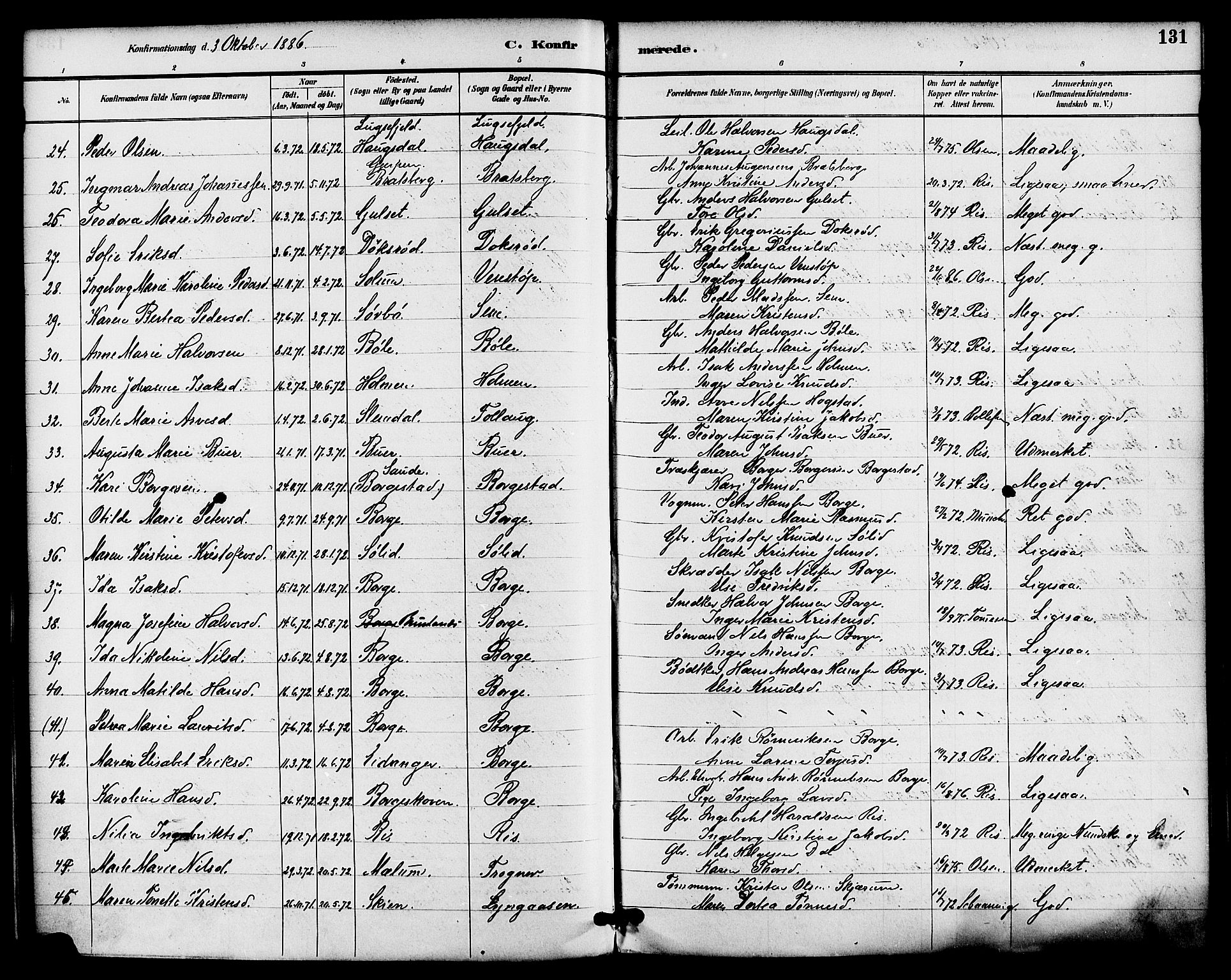Gjerpen kirkebøker, SAKO/A-265/F/Fa/L0010: Parish register (official) no. I 10, 1886-1895, p. 131