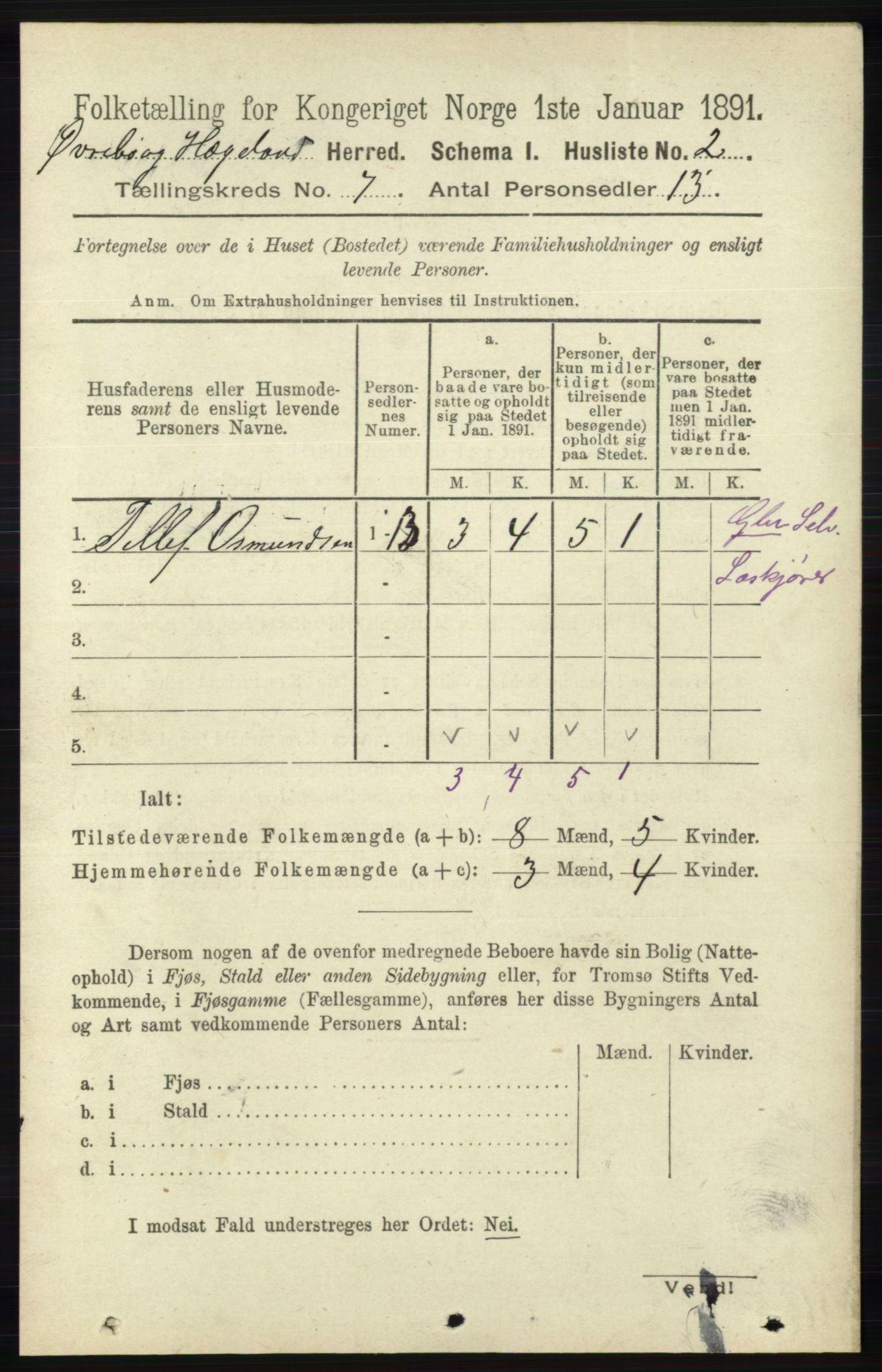 RA, 1891 census for 1016 Øvrebø og Hægeland, 1891, p. 1313