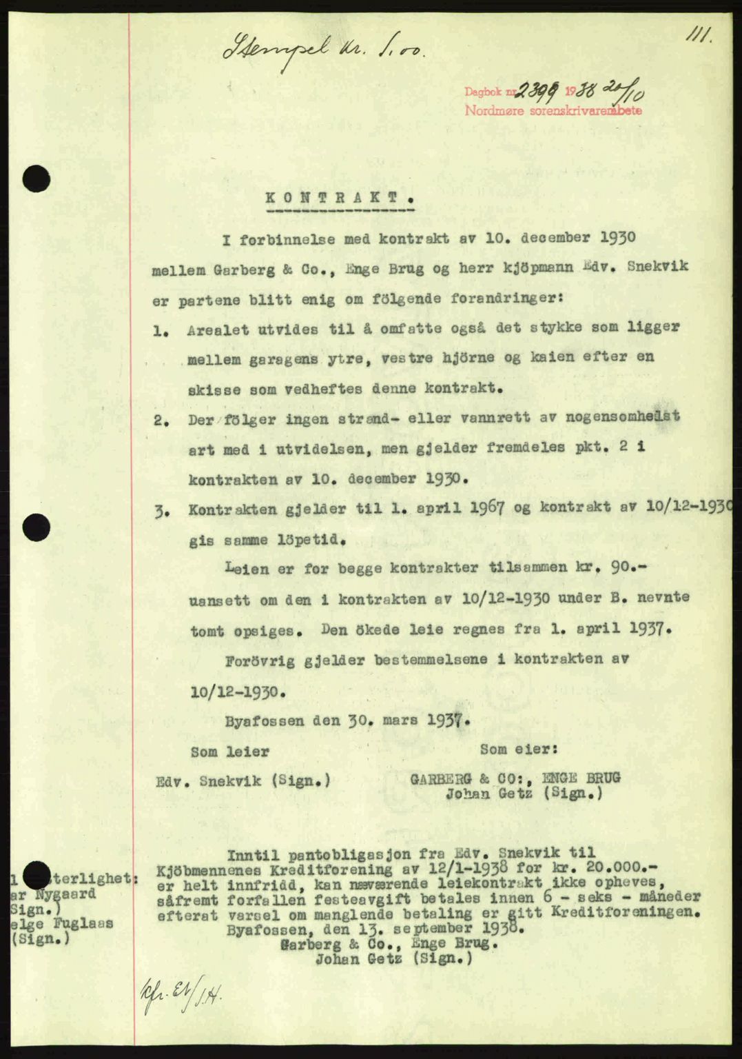 Nordmøre sorenskriveri, SAT/A-4132/1/2/2Ca: Mortgage book no. B84, 1938-1939, Diary no: : 2399/1938