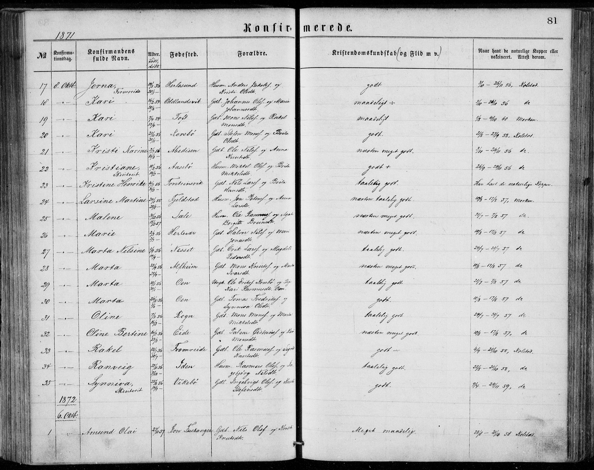 Herdla Sokneprestembete, SAB/A-75701/H/Haa: Parish register (official) no. A 2, 1869-1877, p. 81