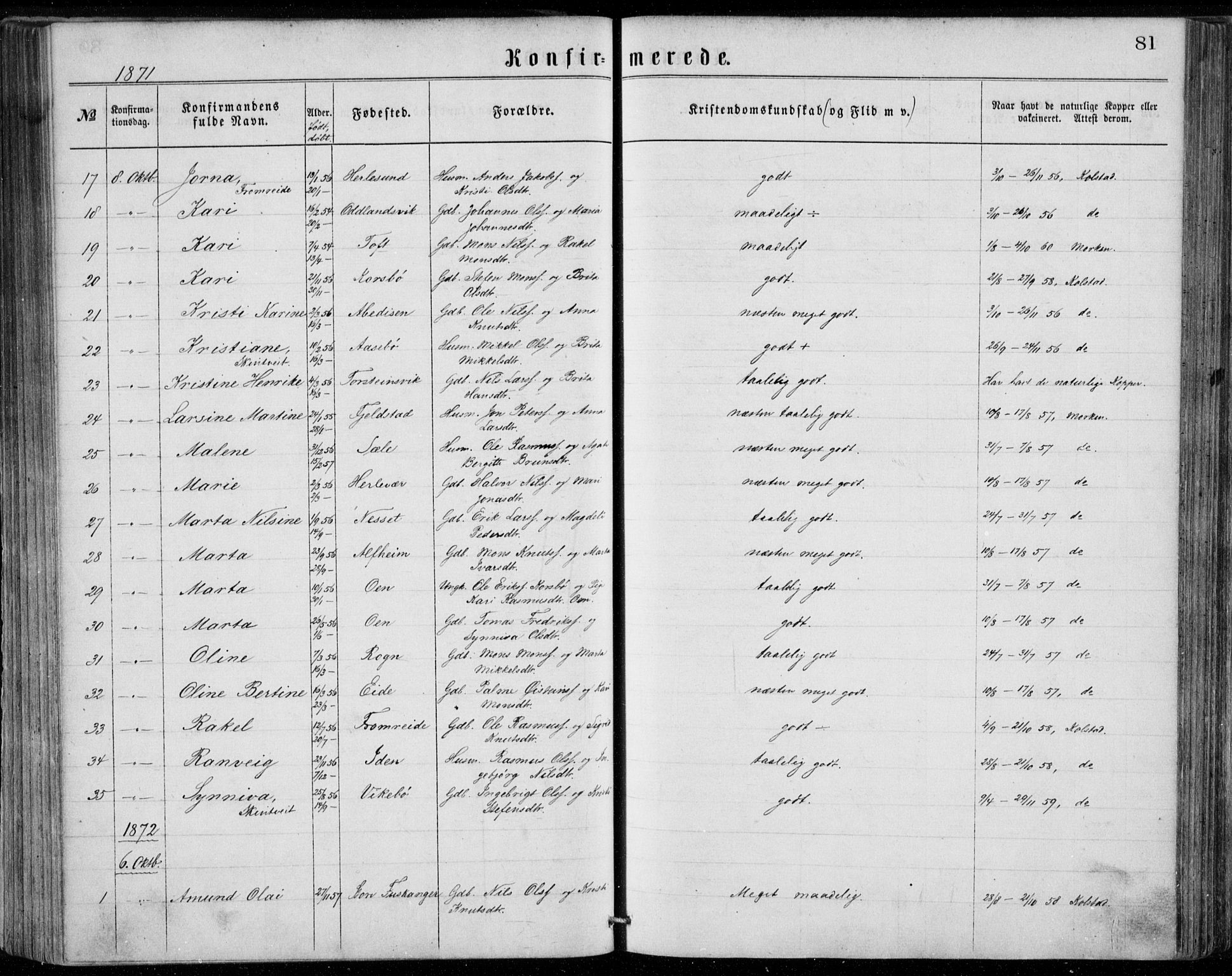 Herdla Sokneprestembete, AV/SAB-A-75701/H/Haa: Parish register (official) no. A 2, 1869-1877, p. 81