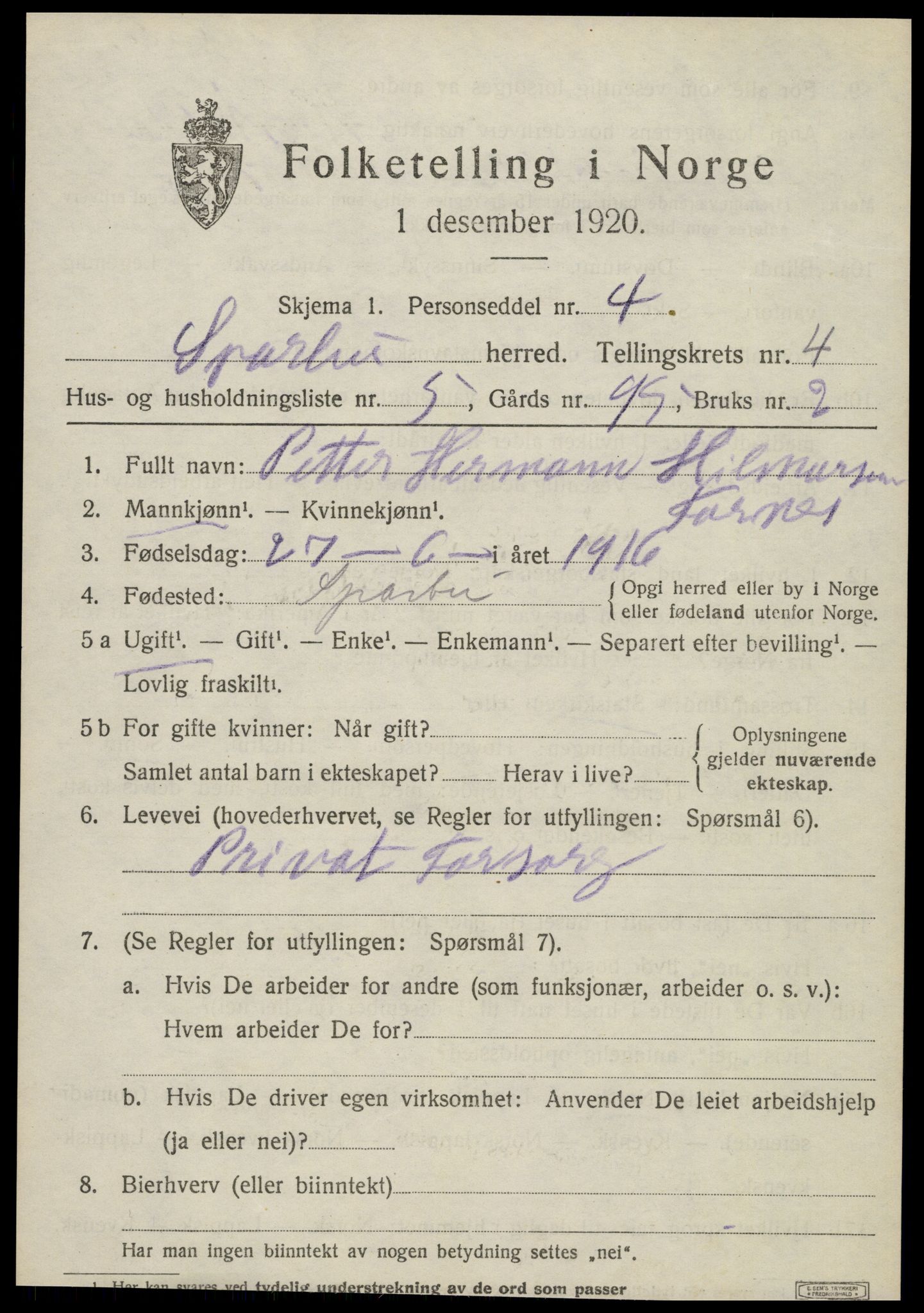 SAT, 1920 census for Sparbu, 1920, p. 5223