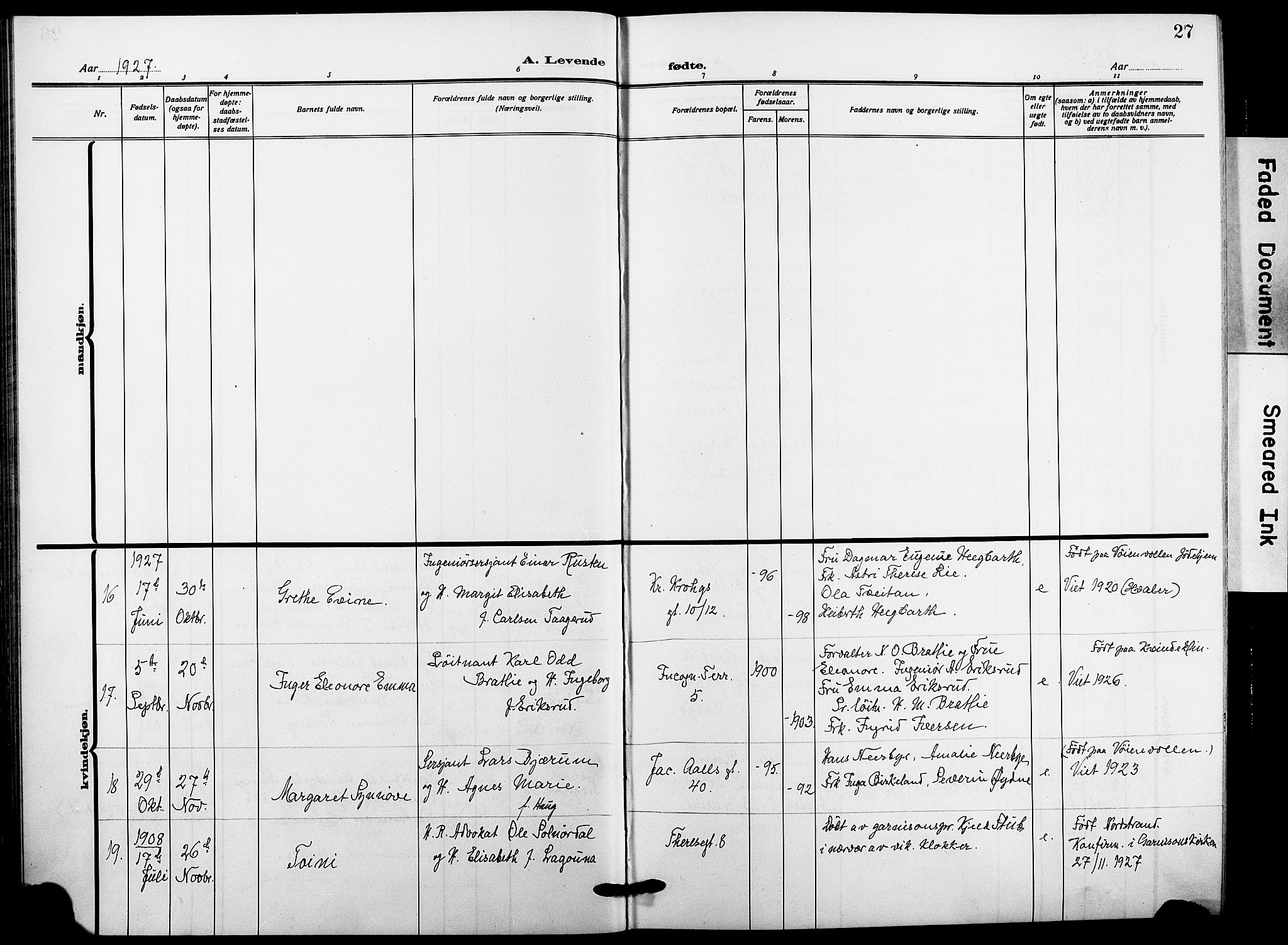 Garnisonsmenigheten Kirkebøker, AV/SAO-A-10846/F/Fa/L0016: Parish register (official) no. 16, 1922-1930, p. 27