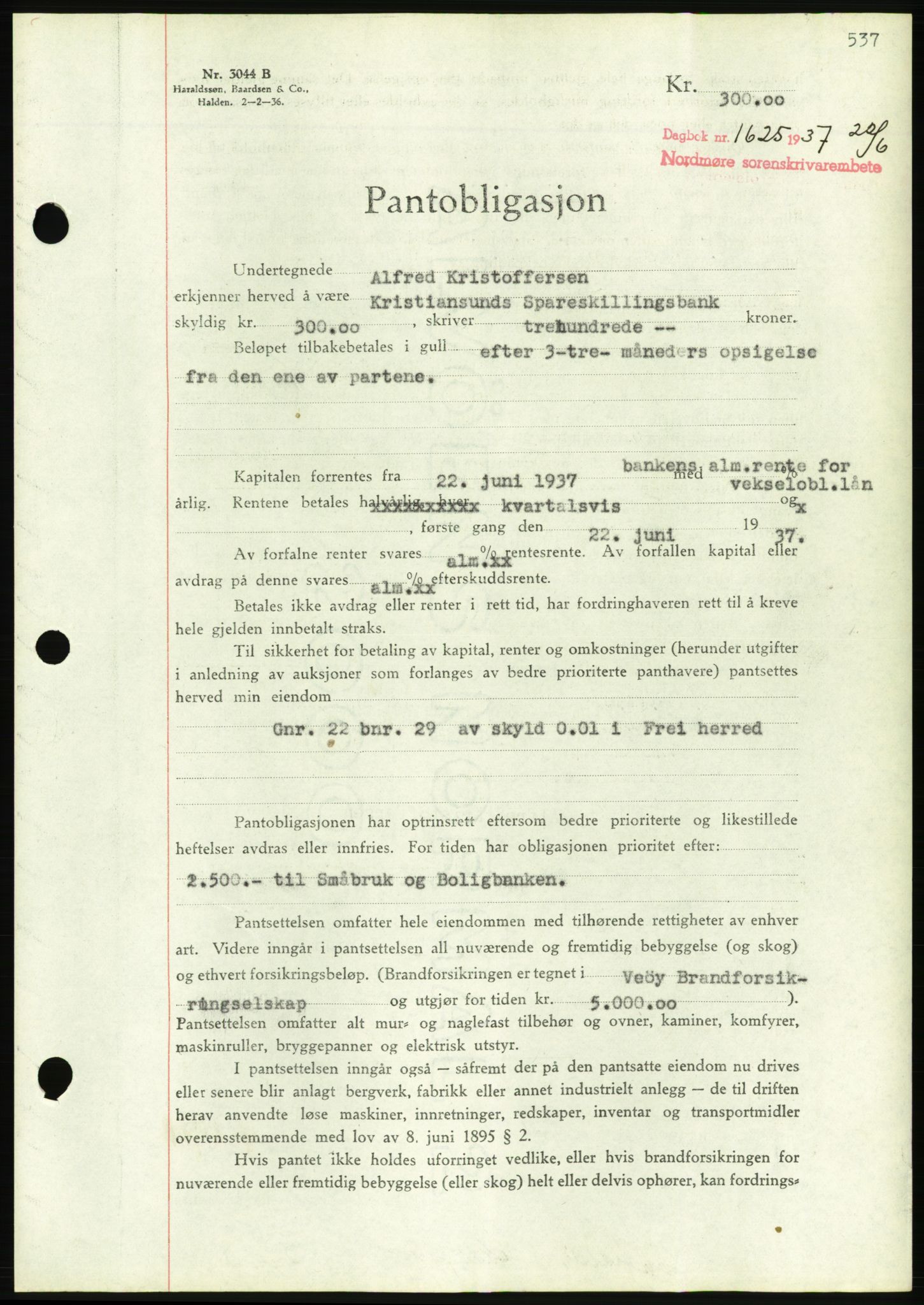 Nordmøre sorenskriveri, AV/SAT-A-4132/1/2/2Ca/L0091: Mortgage book no. B81, 1937-1937, Diary no: : 1625/1937