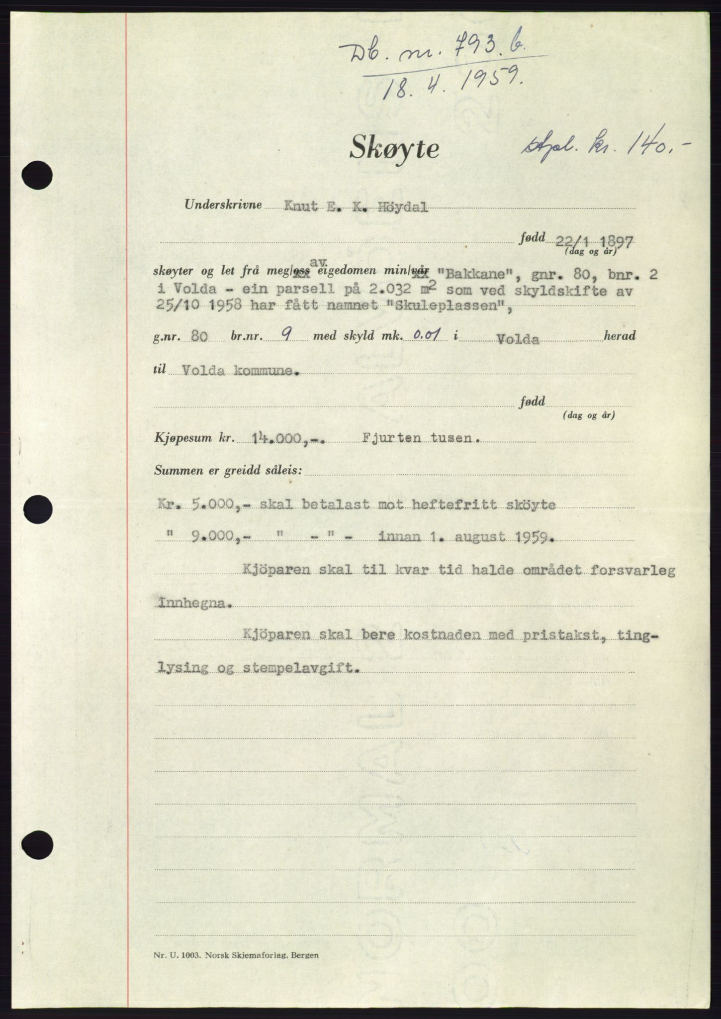 Søre Sunnmøre sorenskriveri, SAT/A-4122/1/2/2C/L0112: Mortgage book no. 38A, 1959-1959, Diary no: : 793/1959