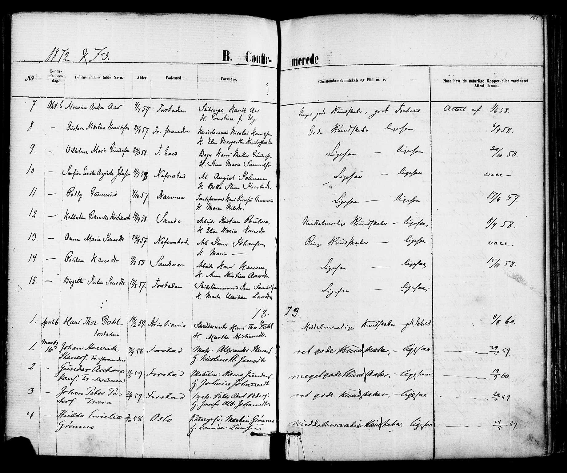 Fredrikstad domkirkes prestekontor Kirkebøker, SAO/A-10906/F/Fa/L0001: Parish register (official) no. 1, 1871-1878, p. 181