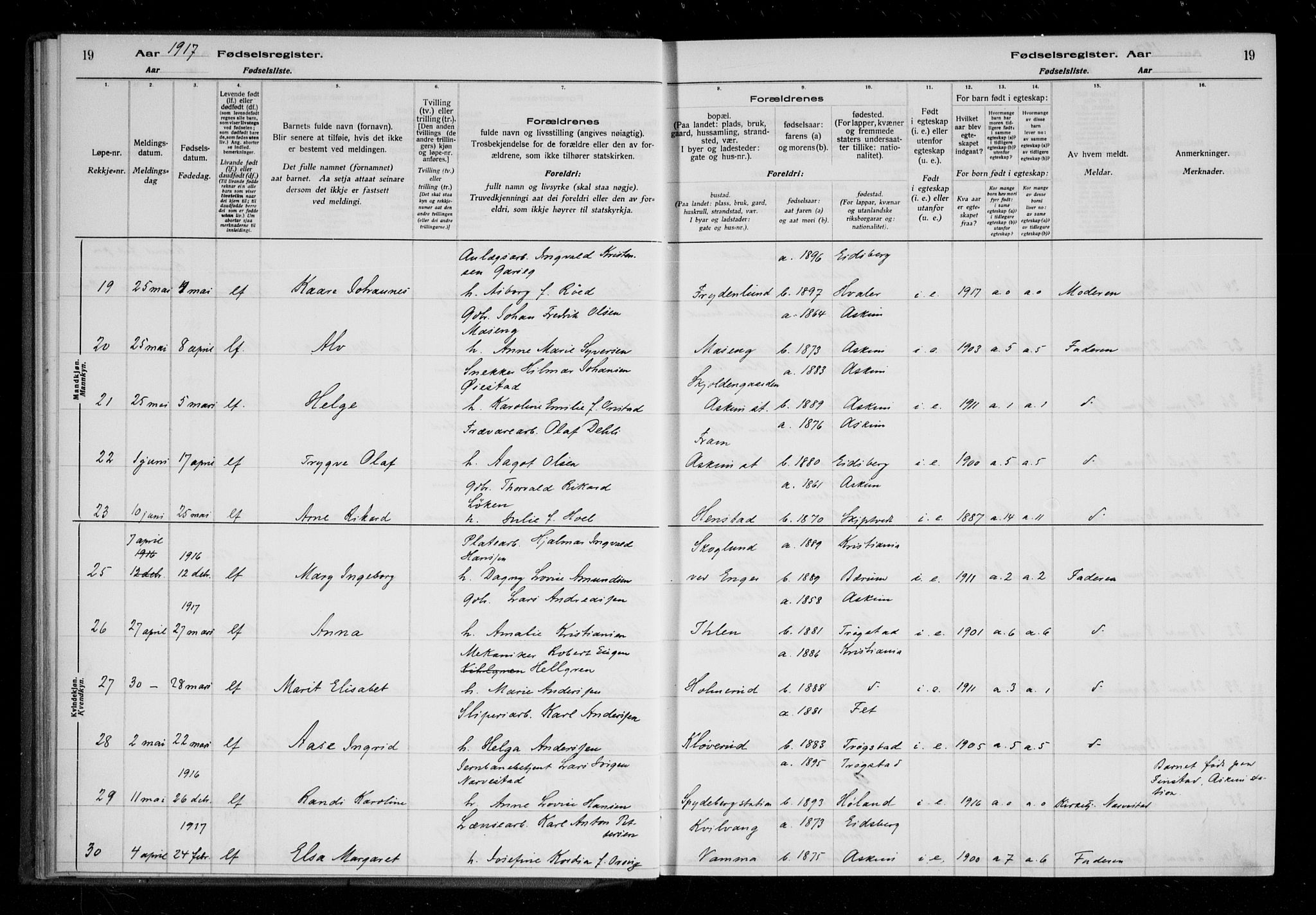 Askim prestekontor Kirkebøker, AV/SAO-A-10900/J/Ja/L0001: Birth register no. 1, 1916-1929, p. 19