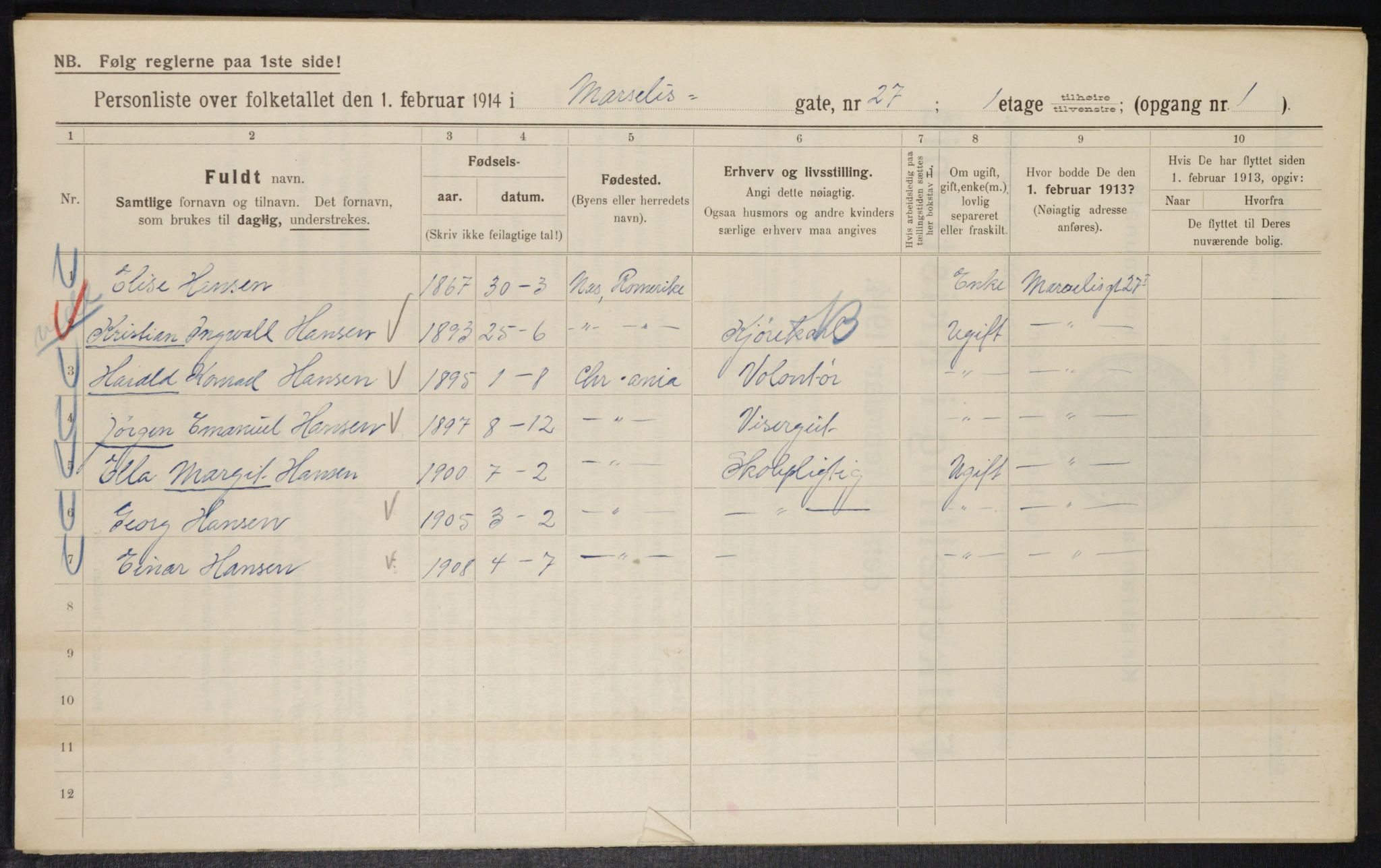 OBA, Municipal Census 1914 for Kristiania, 1914, p. 64519