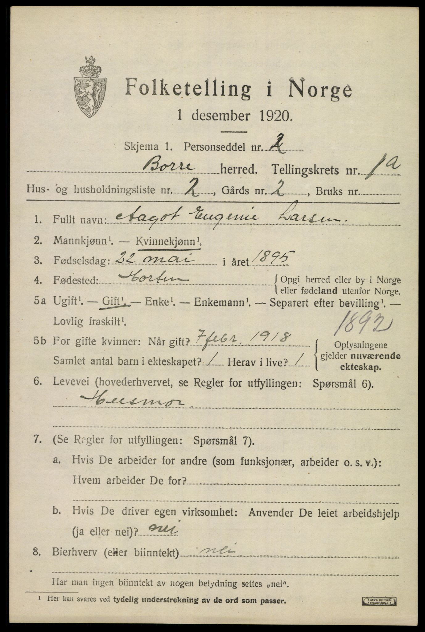 SAKO, 1920 census for Borre, 1920, p. 1398