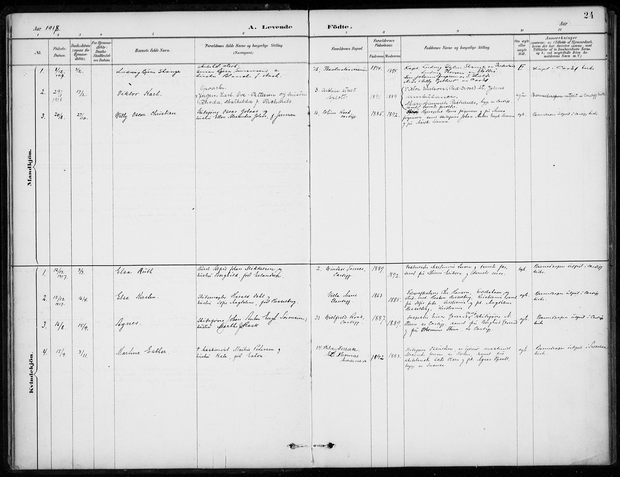 Den norske sjømannsmisjon i utlandet/Bristolhavnene(Cardiff-Swansea), AV/SAB-SAB/PA-0102/H/Ha/Haa/L0002: Parish register (official) no. A 2, 1887-1932, p. 24