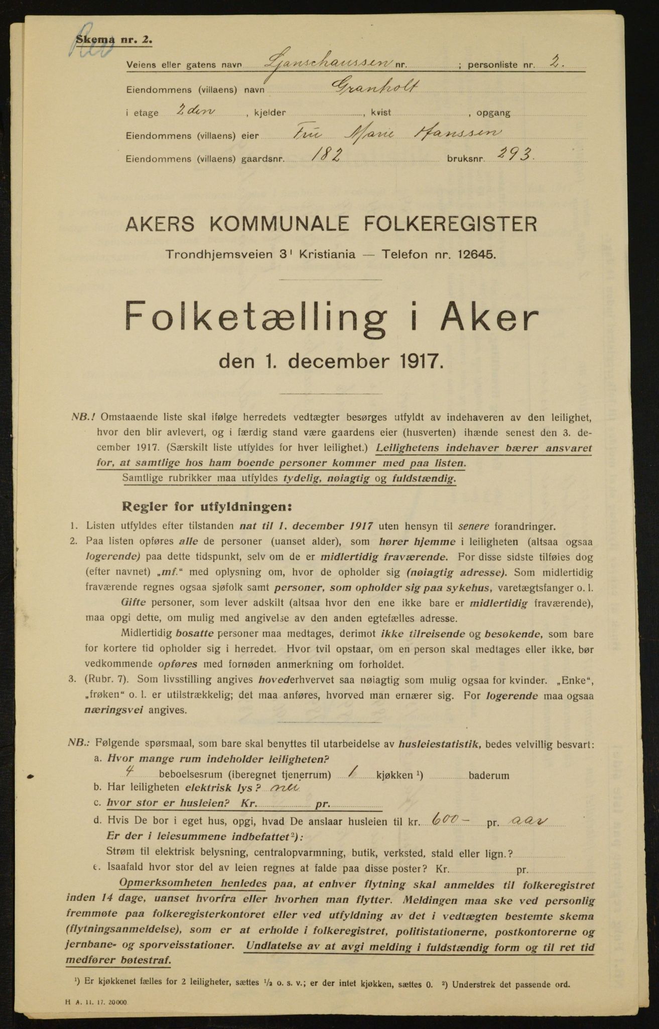 OBA, Municipal Census 1917 for Aker, 1917, p. 17245