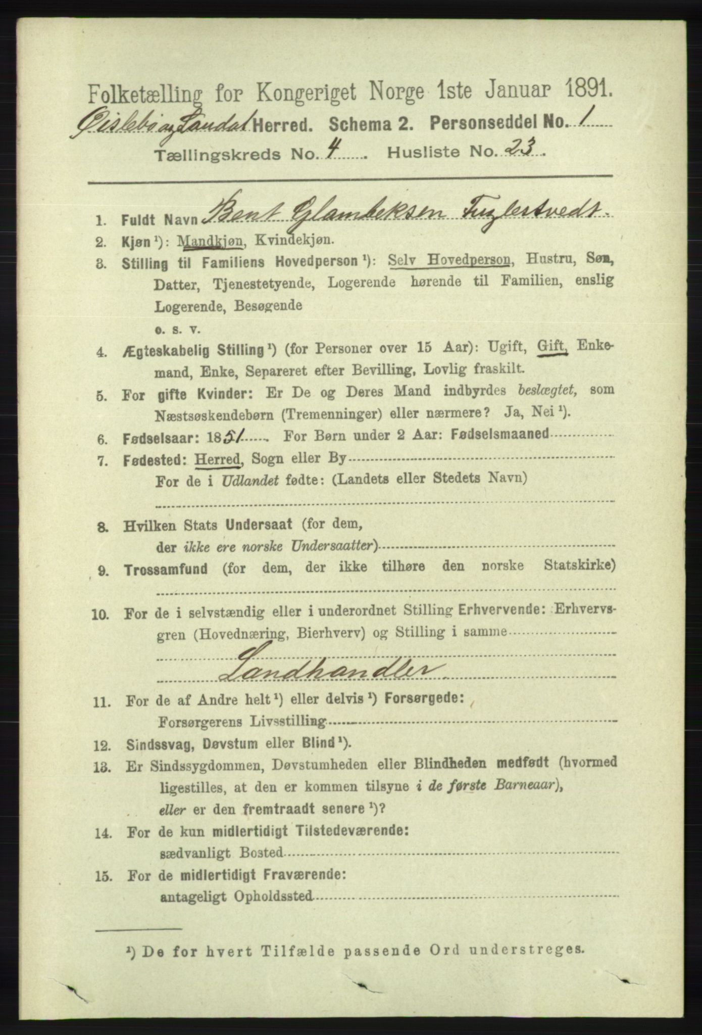 RA, 1891 census for 1021 Øyslebø og Laudal, 1891, p. 1108