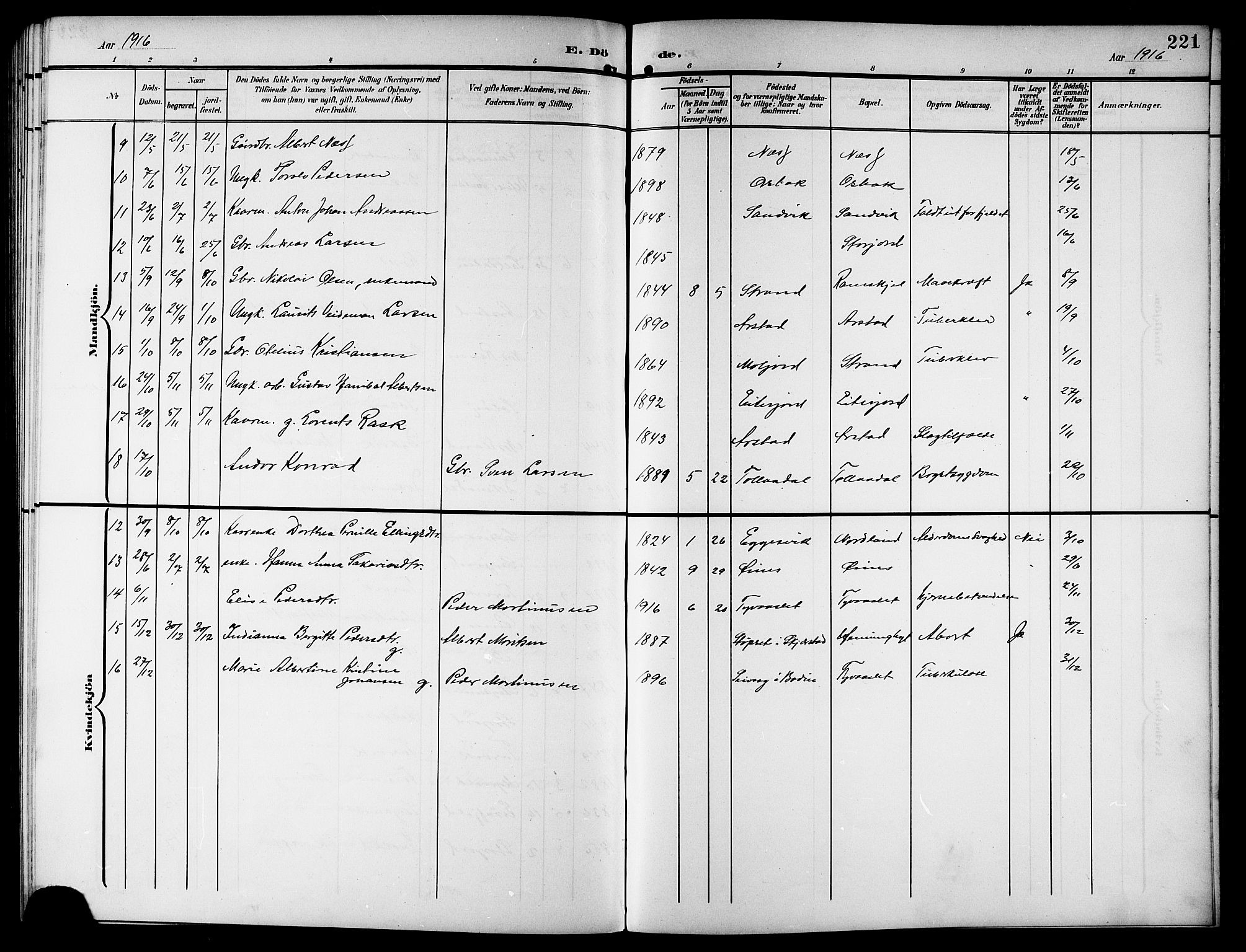 Ministerialprotokoller, klokkerbøker og fødselsregistre - Nordland, AV/SAT-A-1459/846/L0655: Parish register (copy) no. 846C05, 1902-1916, p. 221