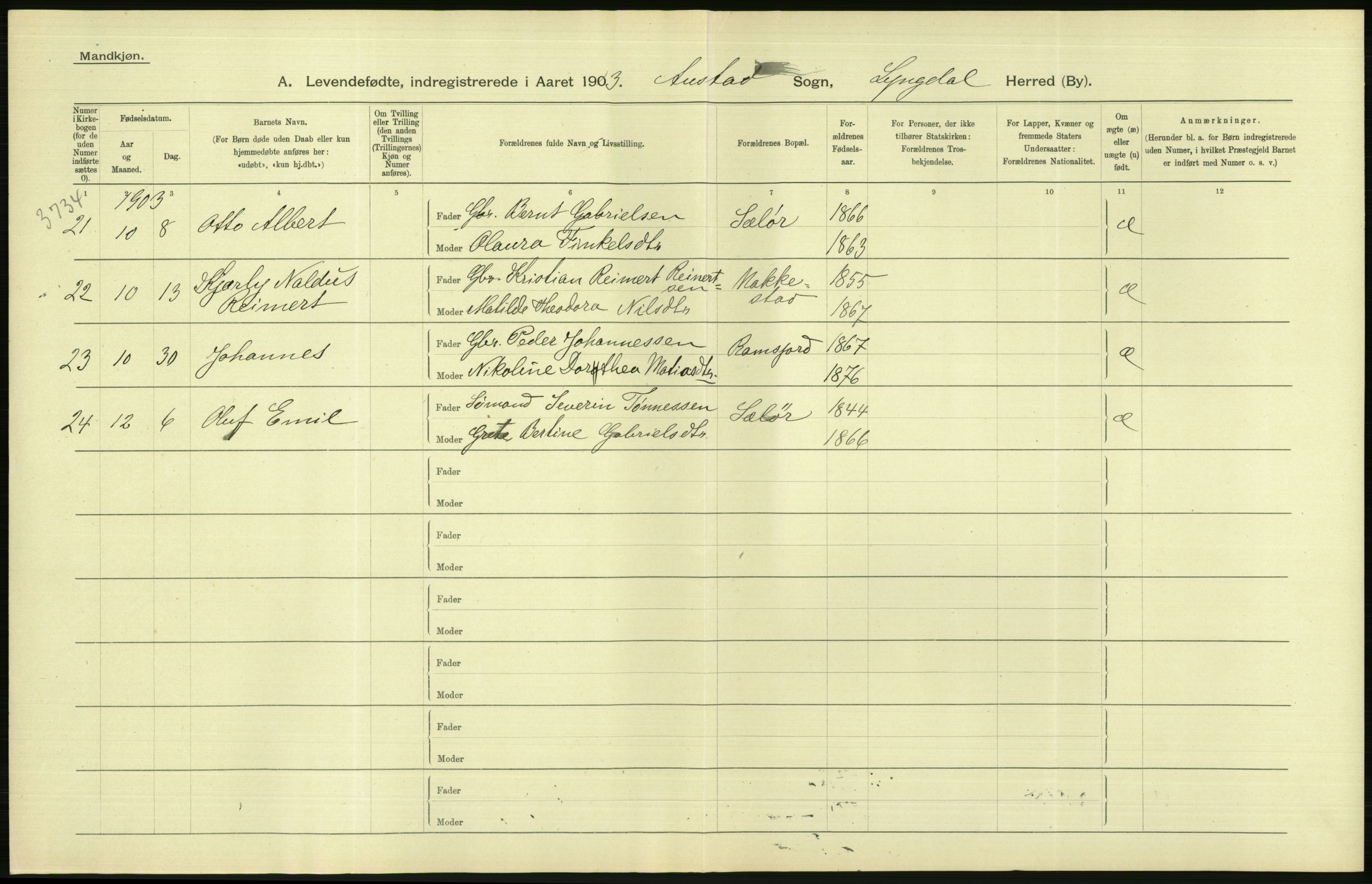 Statistisk sentralbyrå, Sosiodemografiske emner, Befolkning, AV/RA-S-2228/D/Df/Dfa/Dfaa/L0011: Lister og Mandal amt: Fødte, gifte, døde, 1903, p. 70