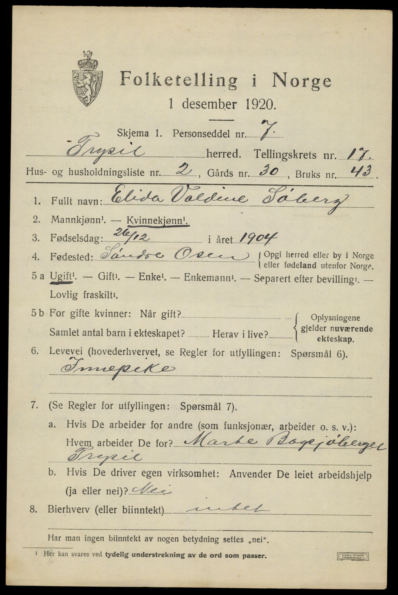SAH, 1920 census for Trysil, 1920, p. 10199