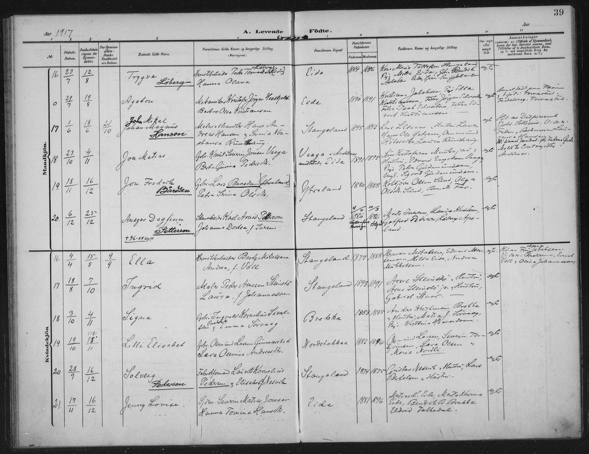 Kopervik sokneprestkontor, AV/SAST-A-101850/H/Ha/Haa/L0003: Parish register (official) no. A 3, 1906-1924, p. 39