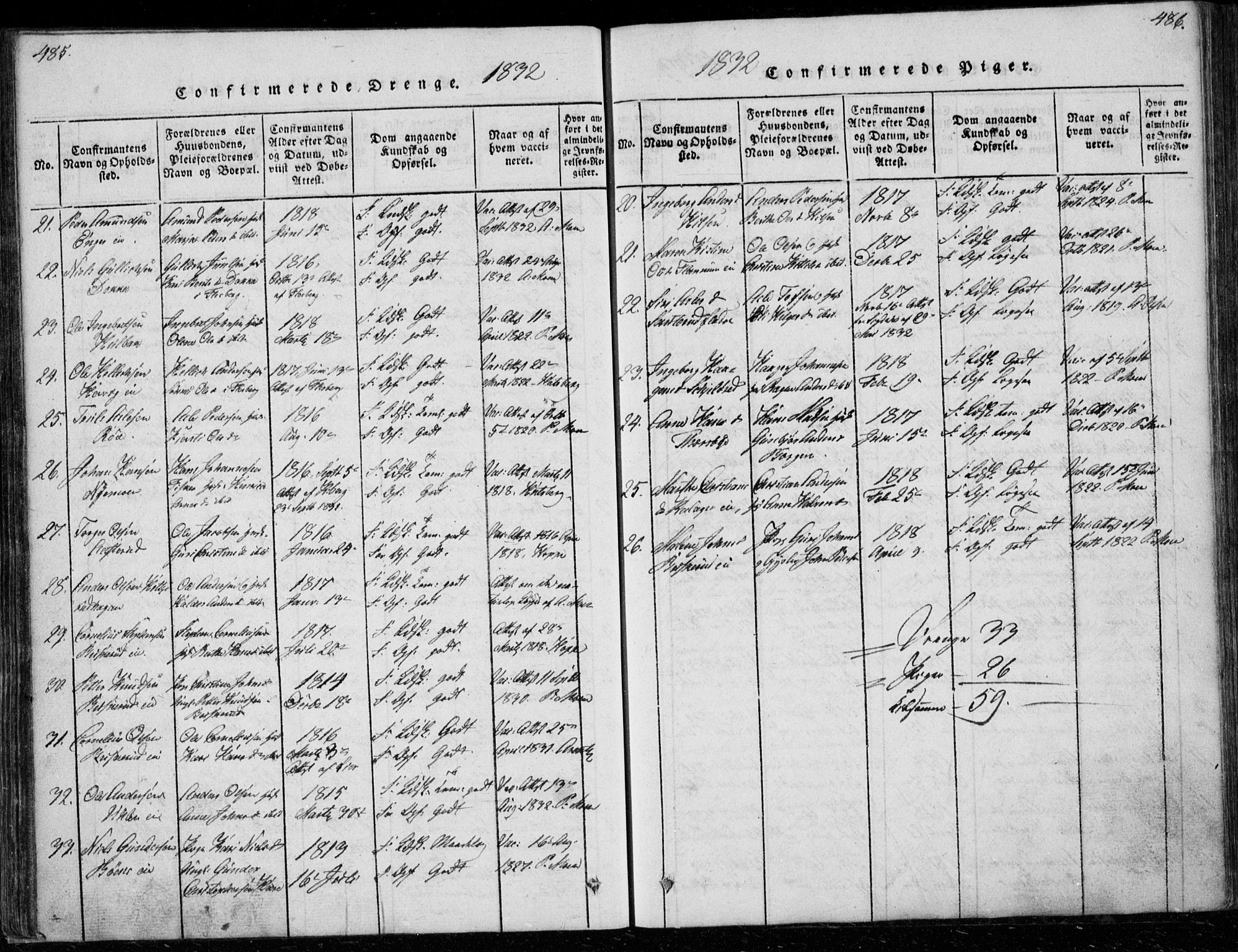 Modum kirkebøker, AV/SAKO-A-234/G/Ga/L0003: Parish register (copy) no. I 3, 1832-1842, p. 485-486