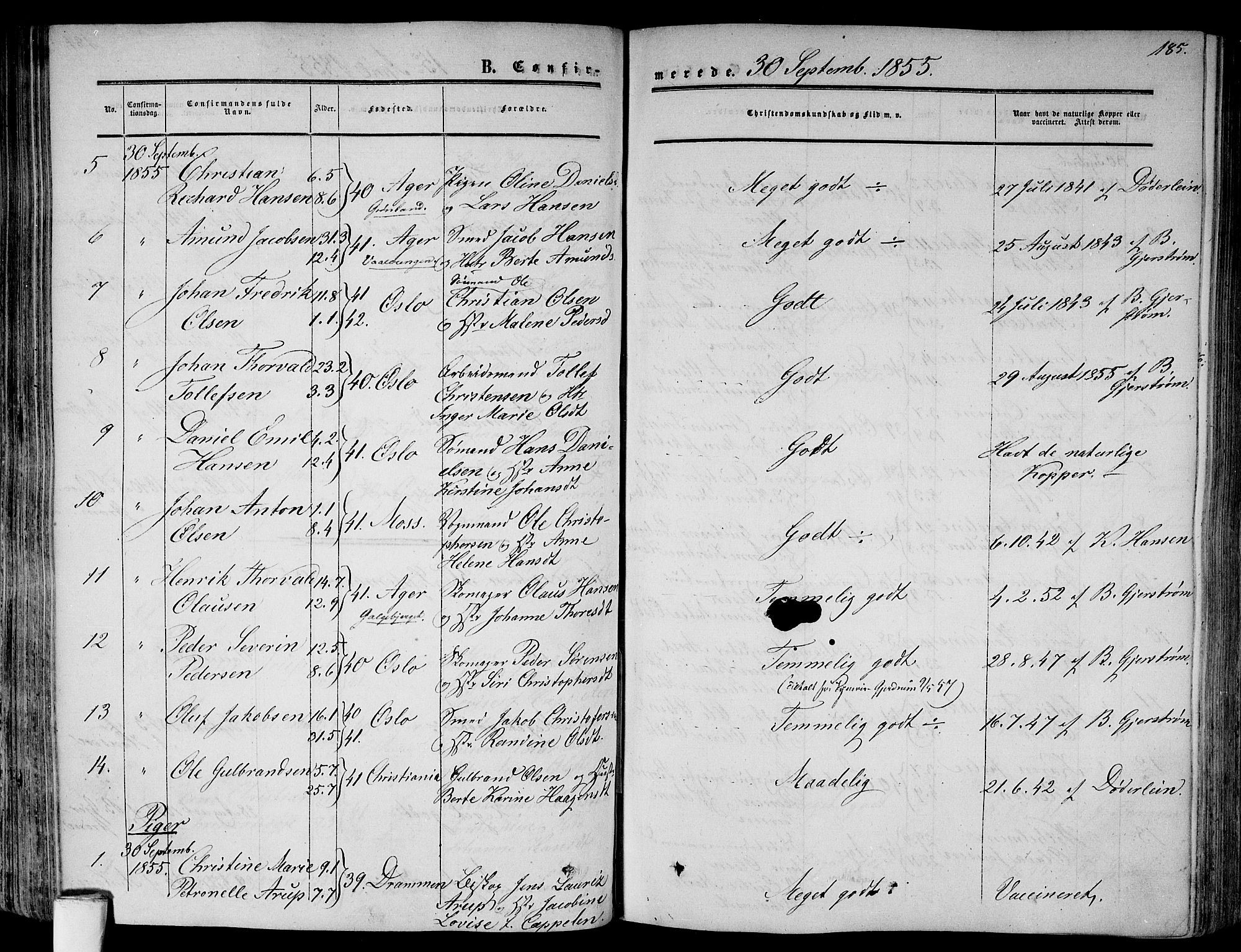 Gamlebyen prestekontor Kirkebøker, SAO/A-10884/F/Fa/L0004: Parish register (official) no. 4, 1850-1857, p. 185