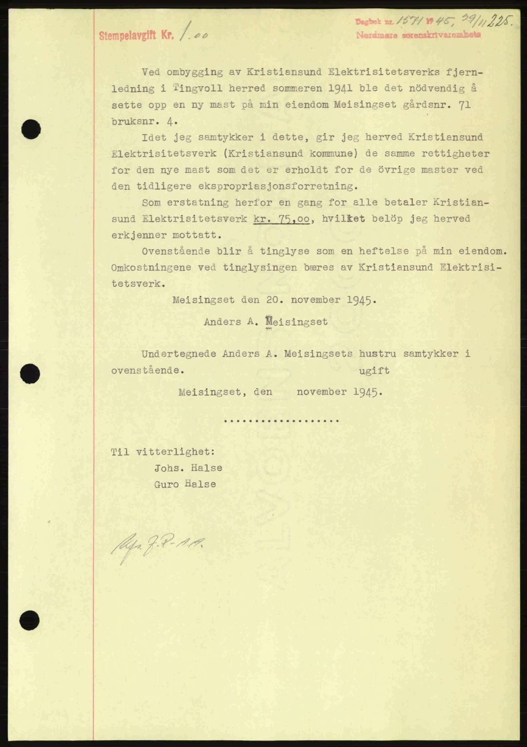 Nordmøre sorenskriveri, AV/SAT-A-4132/1/2/2Ca: Mortgage book no. B93a, 1945-1945, Diary no: : 1571/1945