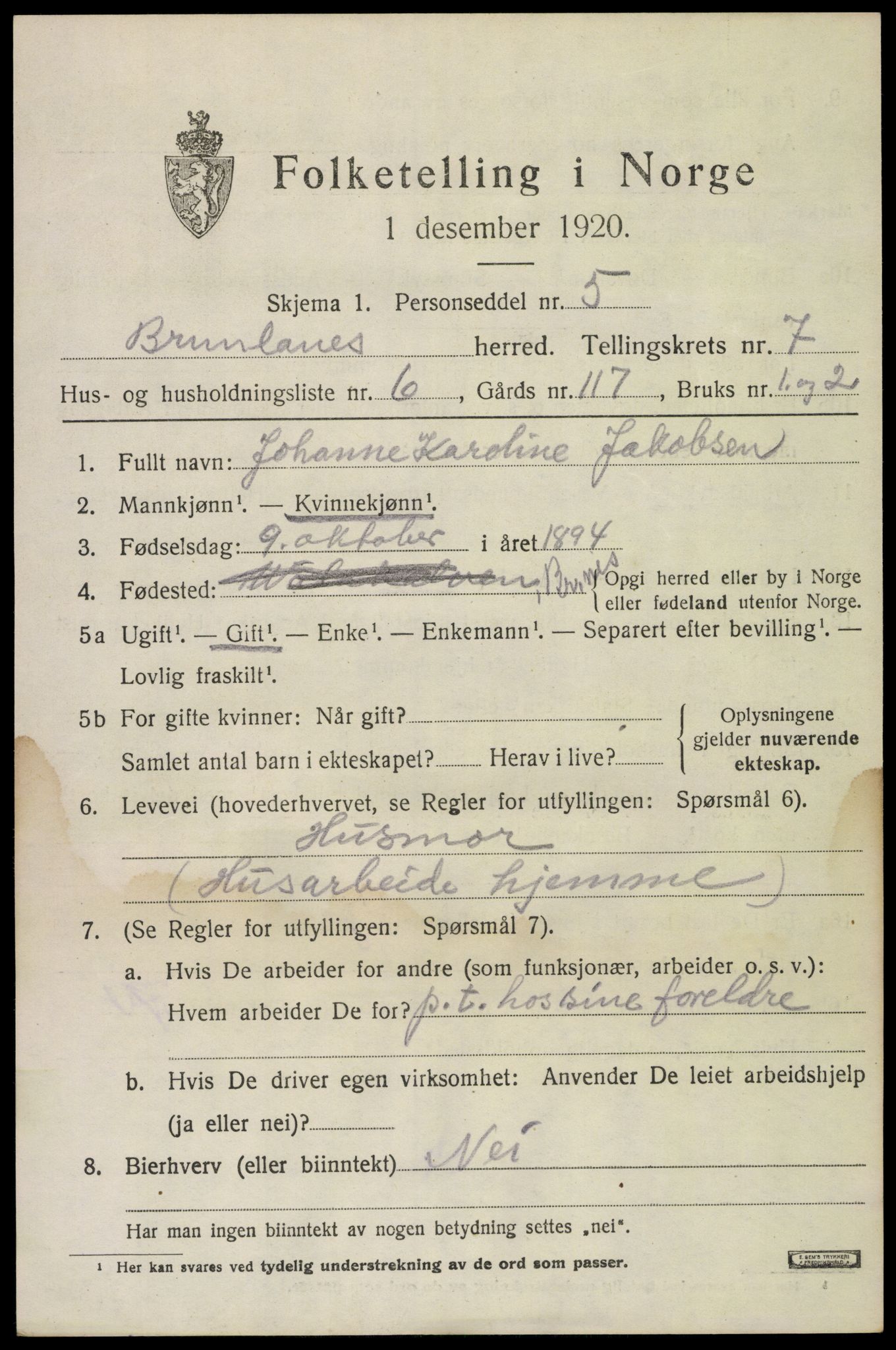 SAKO, 1920 census for Brunlanes, 1920, p. 7143