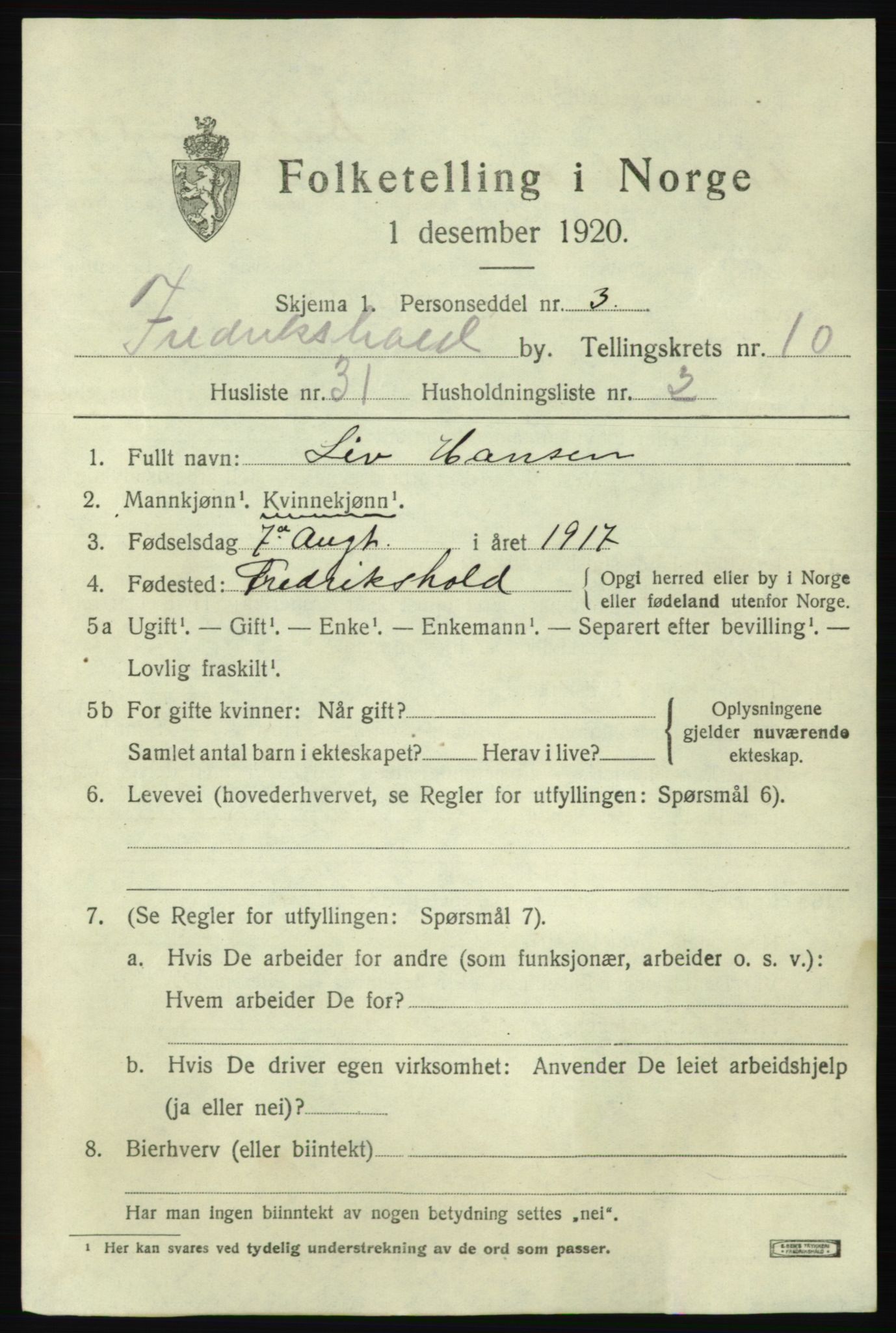 SAO, 1920 census for Fredrikshald, 1920, p. 18433