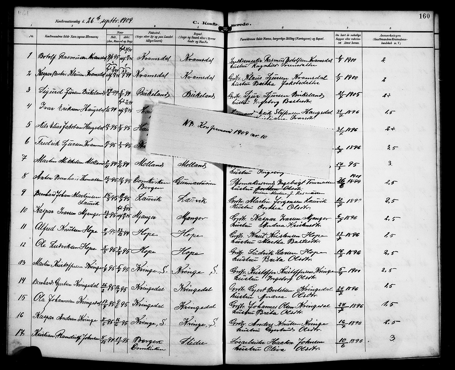Masfjorden Sokneprestembete, SAB/A-77001: Parish register (copy) no. B 1, 1892-1913, p. 160