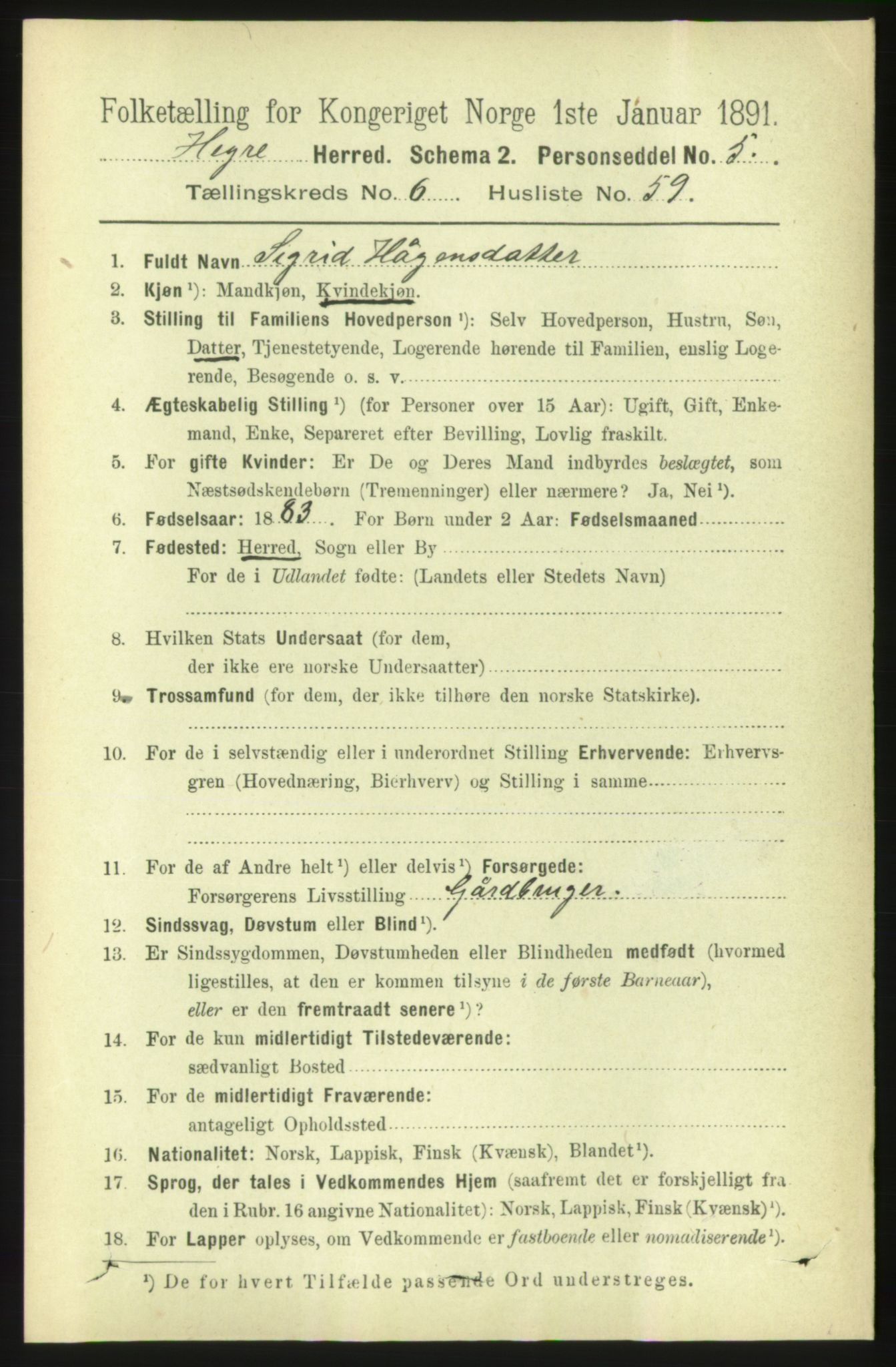 RA, 1891 census for 1712 Hegra, 1891, p. 2742