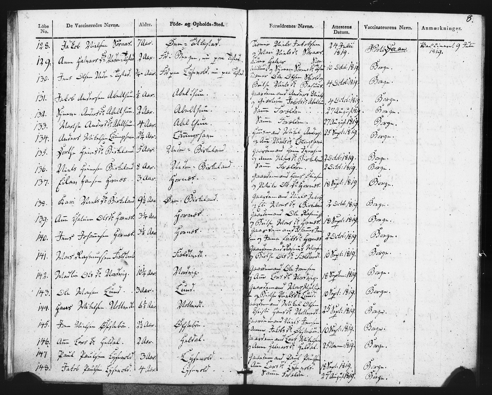 Fana Sokneprestembete, SAB/A-75101/H/Haa/Haaa/L0013: Parish register (official) no. A 13, 1819-1833, p. 8