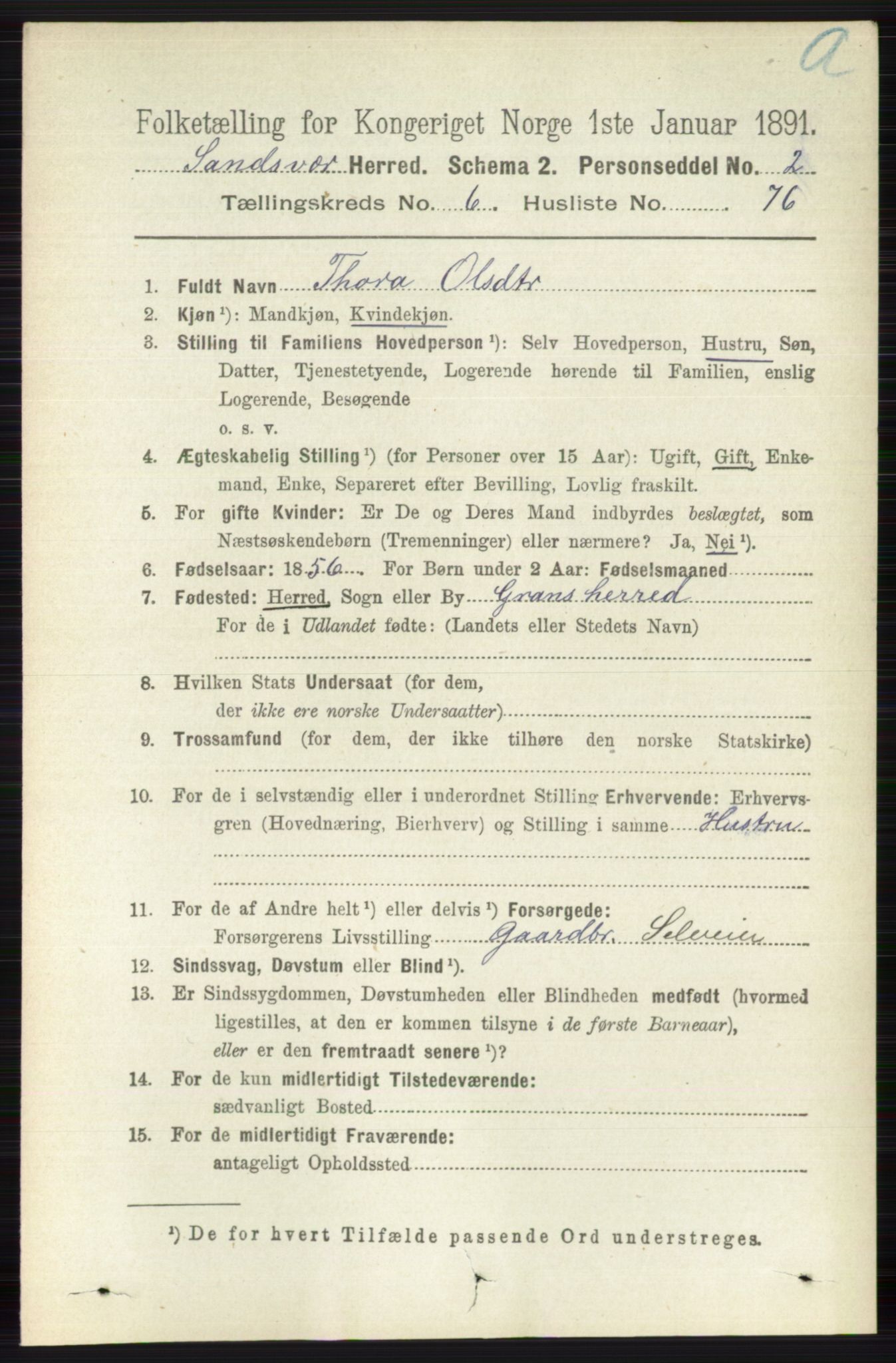 RA, 1891 census for 0629 Sandsvær, 1891, p. 3881