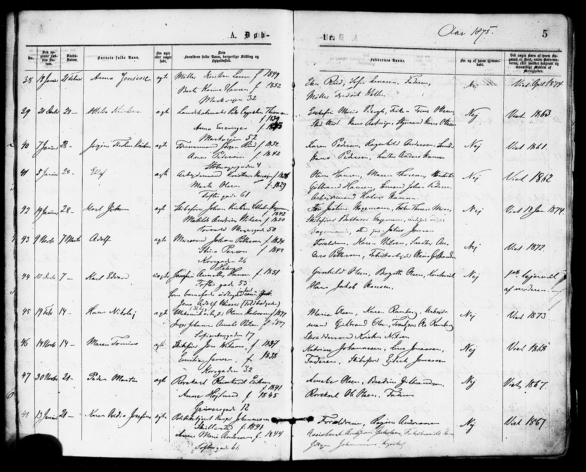 Paulus prestekontor Kirkebøker, AV/SAO-A-10871/F/Fa/L0001: Parish register (official) no. 1, 1875-1878, p. 5