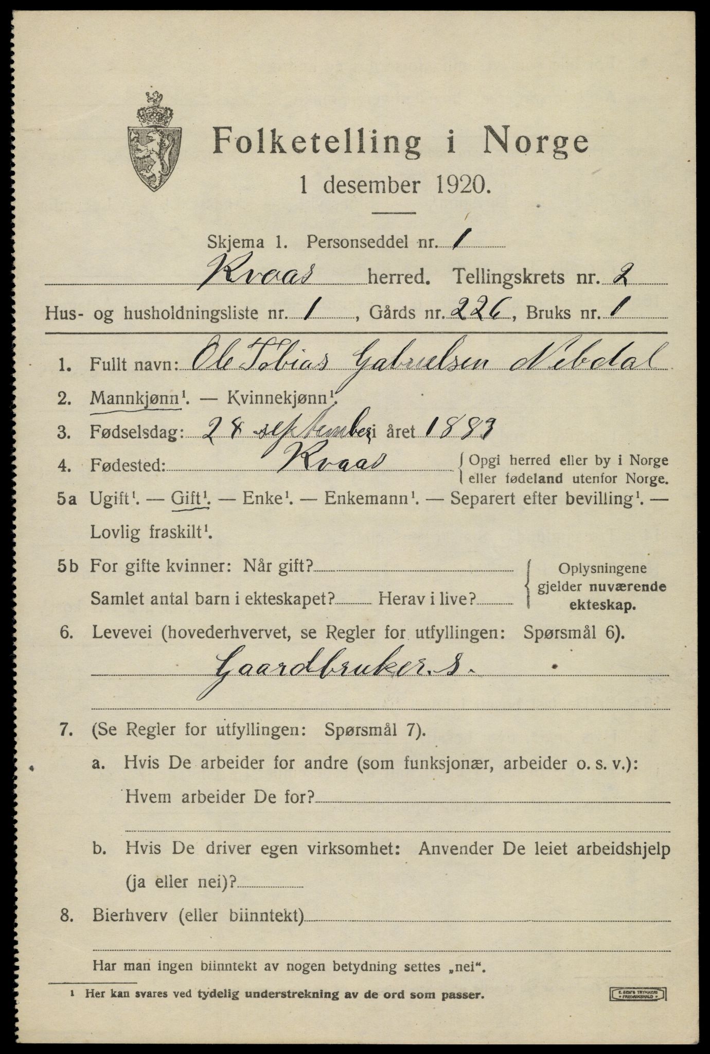 SAK, 1920 census for Kvås, 1920, p. 670