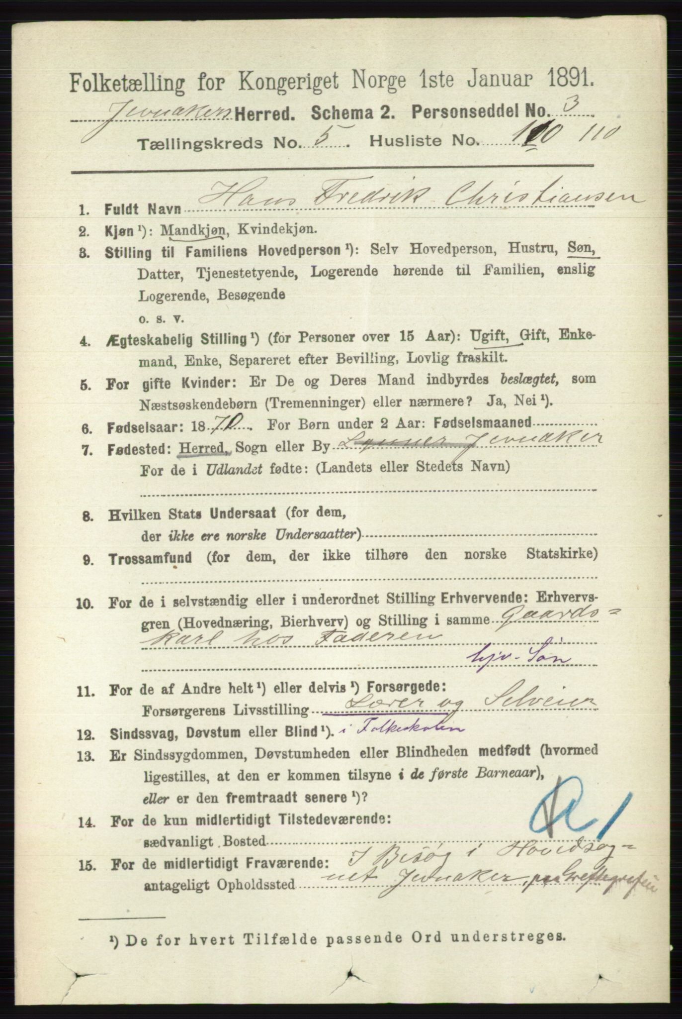 RA, 1891 census for 0532 Jevnaker, 1891, p. 3006