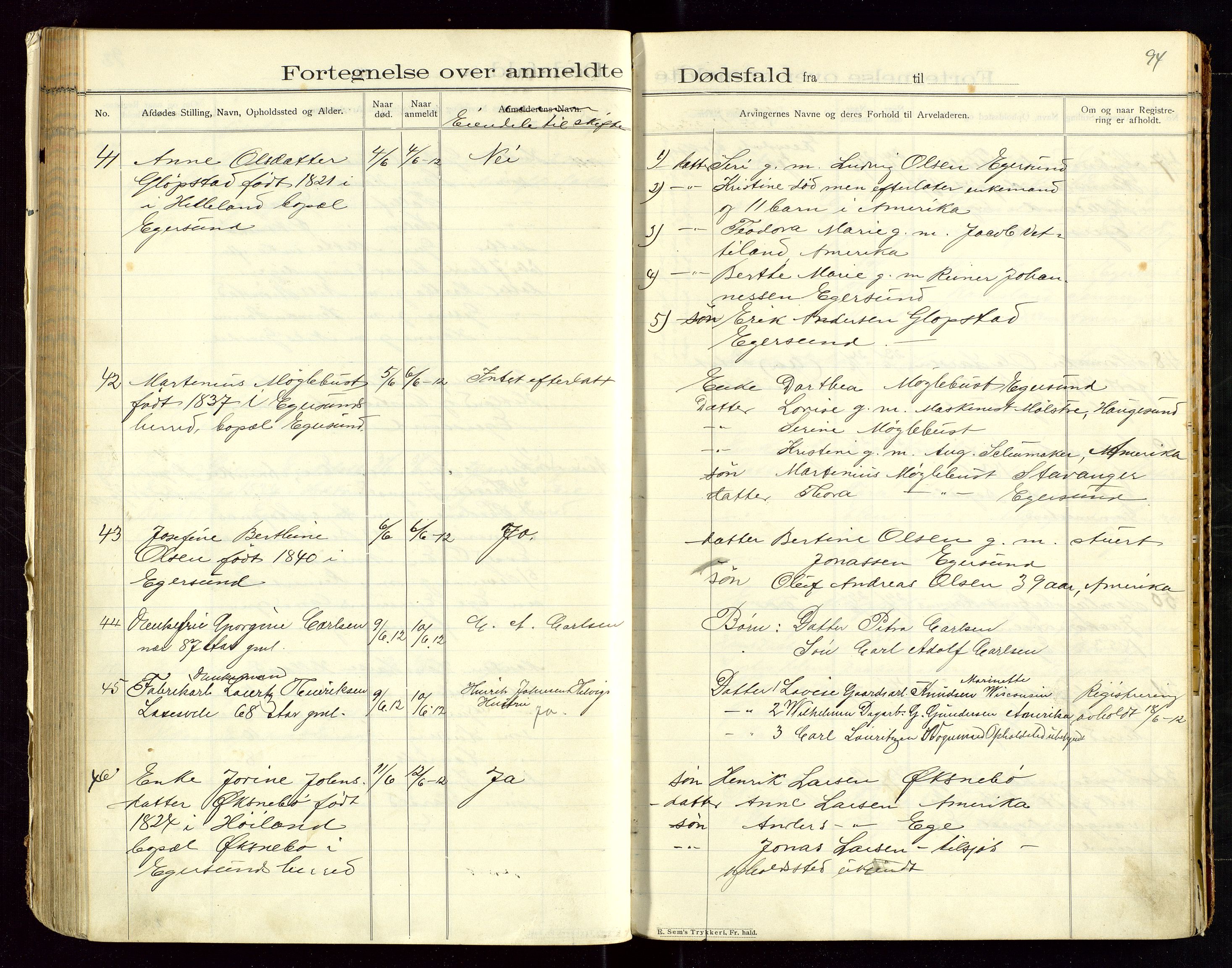 Eigersund lensmannskontor, AV/SAST-A-100171/Gga/L0005: "Dødsfalds-Protokol" m/alfabetisk navneregister, 1905-1913, p. 94